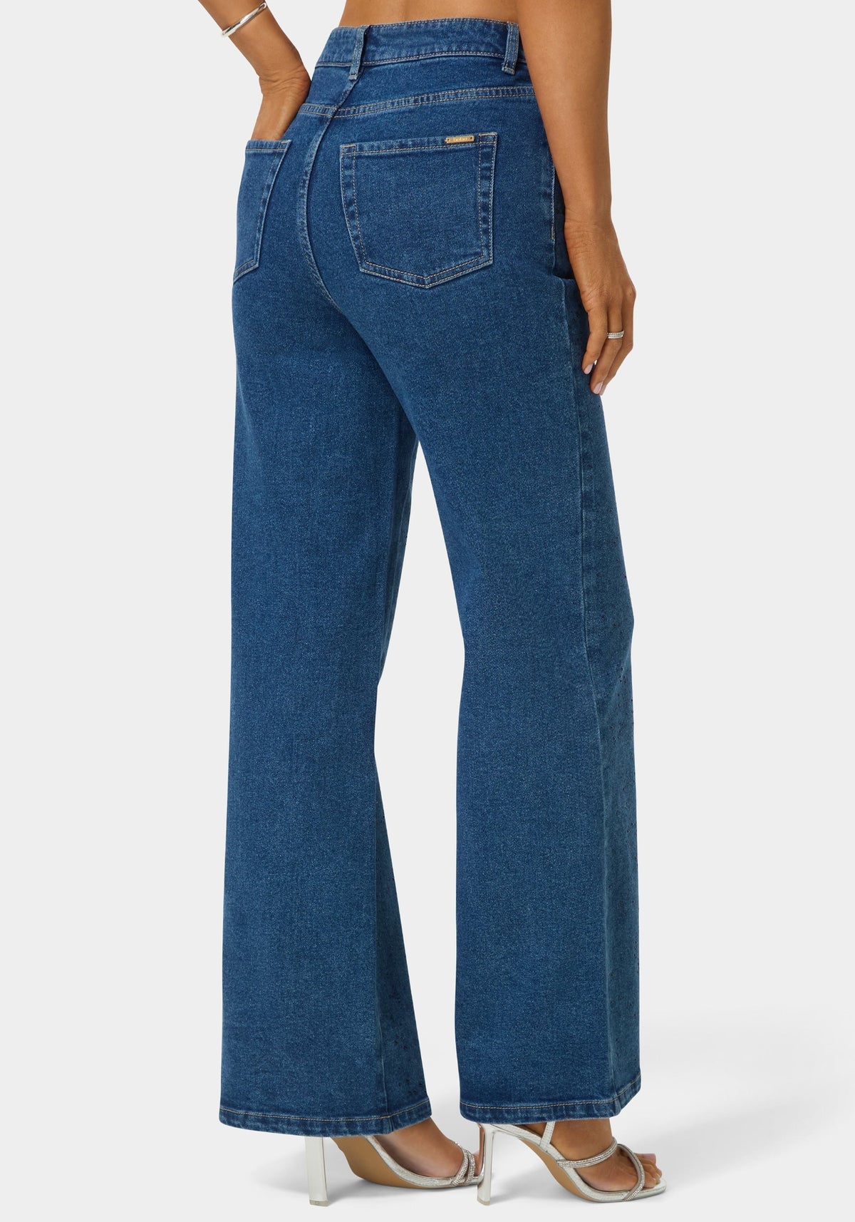 Bebe Natural Waist Rhinestone Wide Leg Jeans