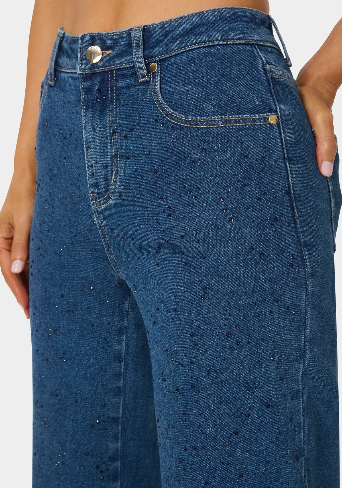 Bebe Natural Waist Rhinestone Wide Leg Jeans