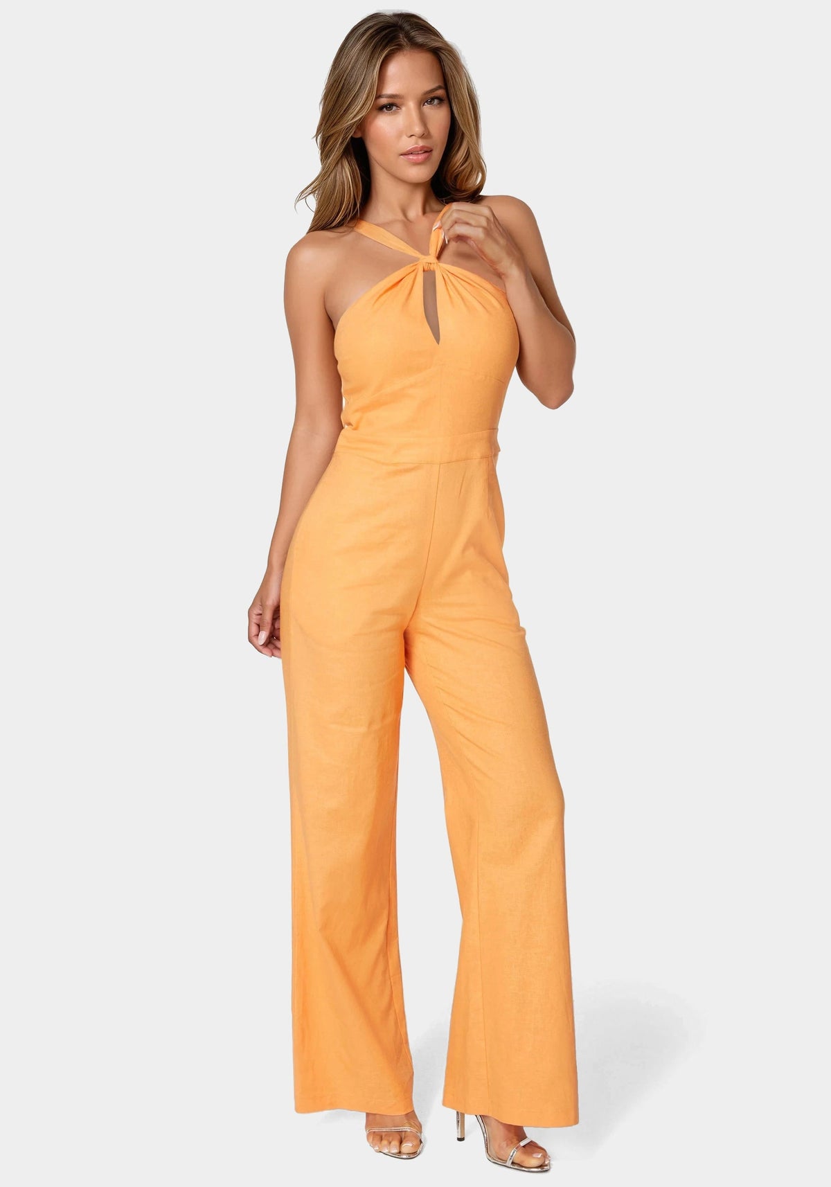 Bebe Linen Front Knot Palazzo-Leg Jumpsuit