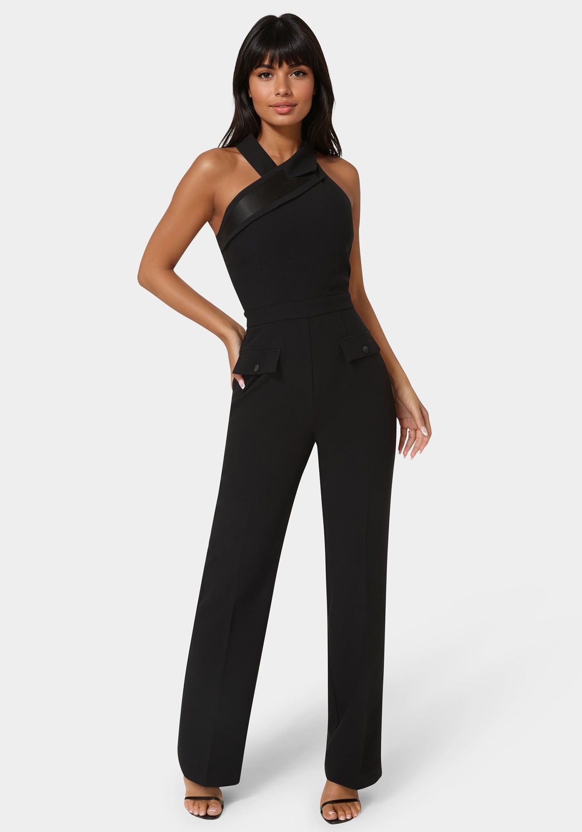 Bebe Tuxedo Straight Flared Leg Jumpsuit