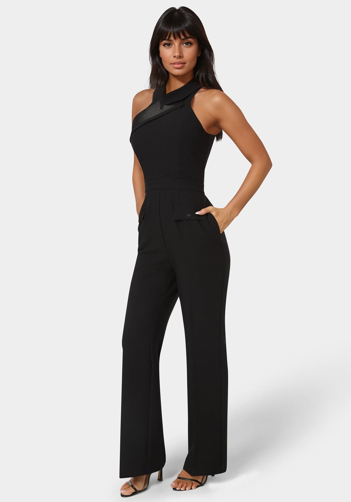 Bebe Tuxedo Straight Flared Leg Jumpsuit