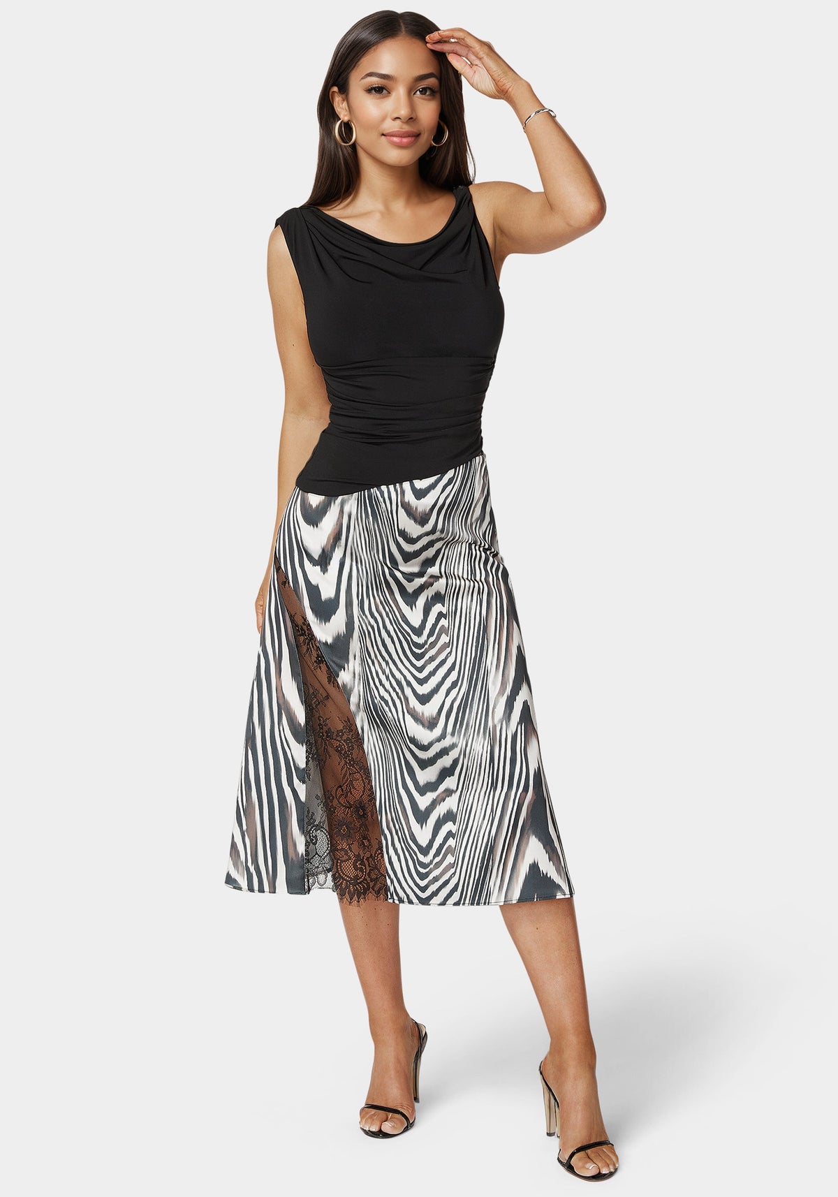 Bebe Asymmetrical Lace Insert Satin Skirt
