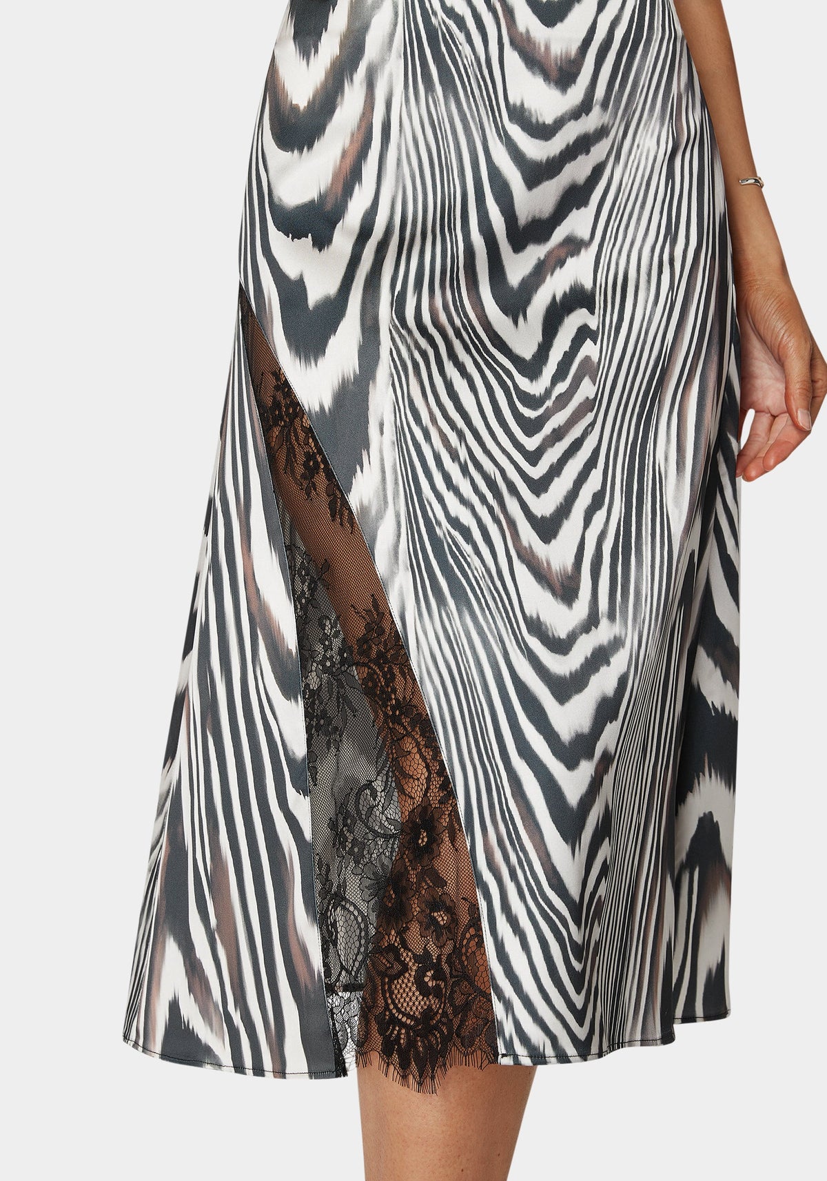 Bebe Asymmetrical Lace Insert Satin Skirt