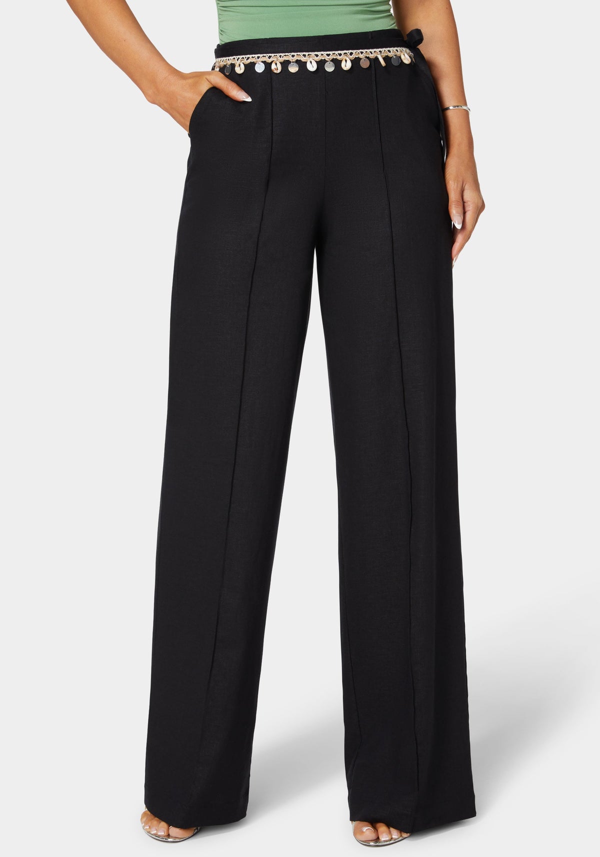 Bebe High-Waist Linen Straight-Leg Trousers