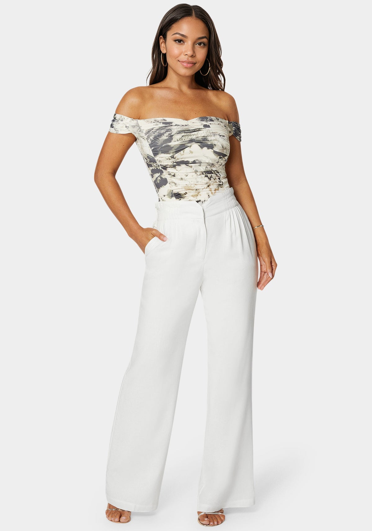 Bebe Linen High-Waist Palazzo-Leg Trousers