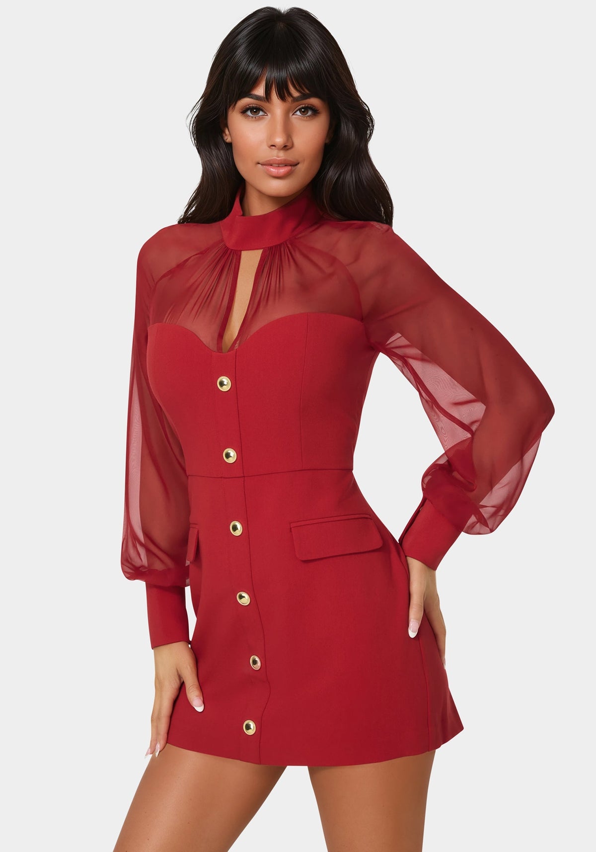 Bebe Mixed Media Long Sleeve Romper