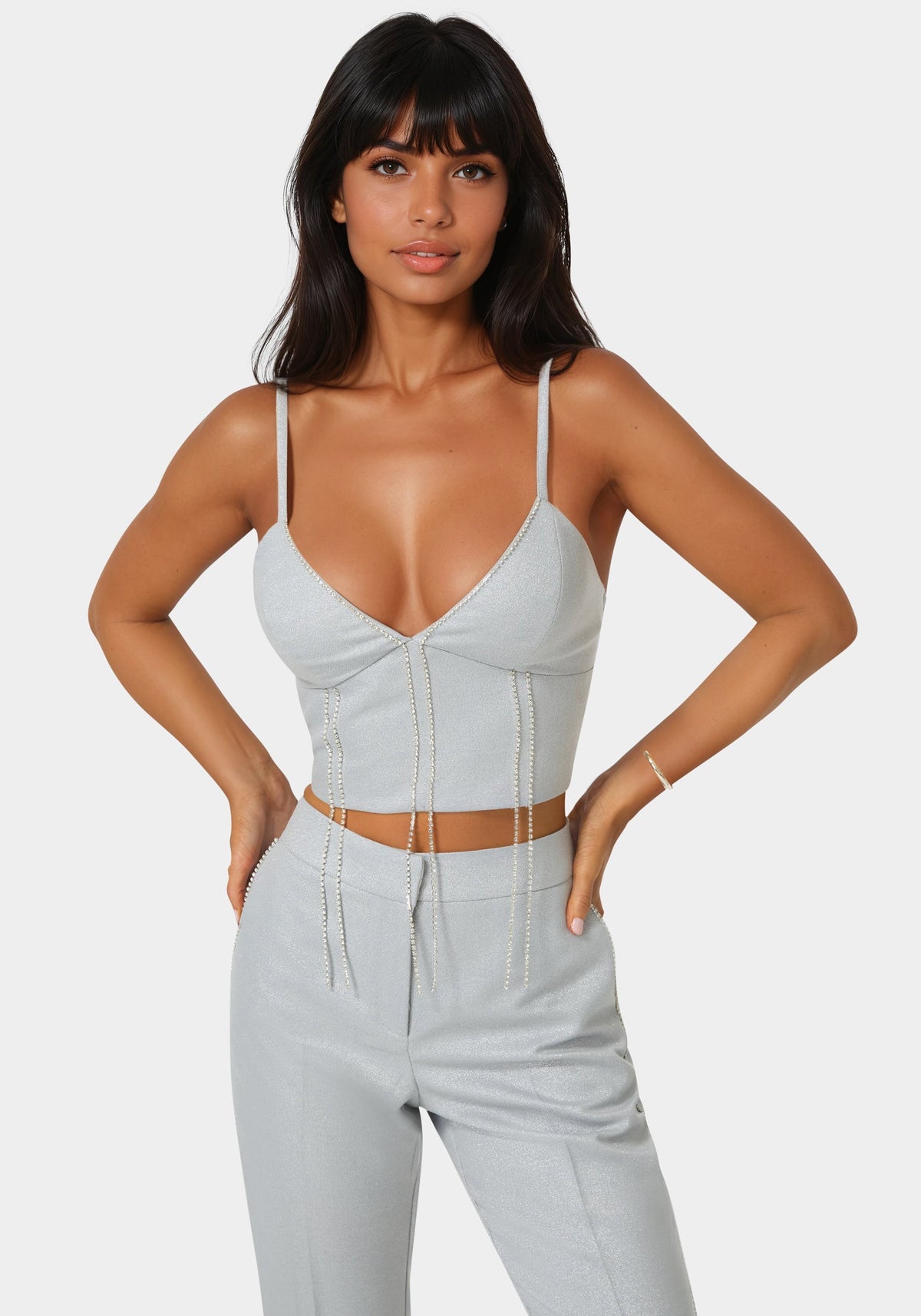 Bebe Glittery Rhinestone Chain Fitted Top