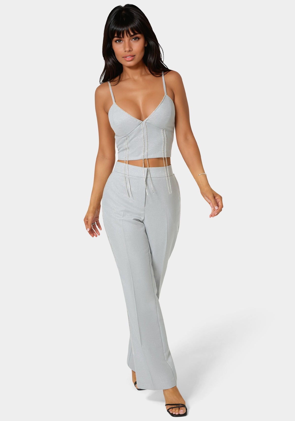Bebe Glittery Rhinestone Chain Fitted Top