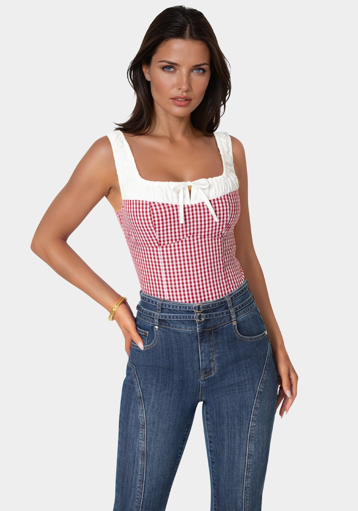 Bebe Gingham Front Tie Top