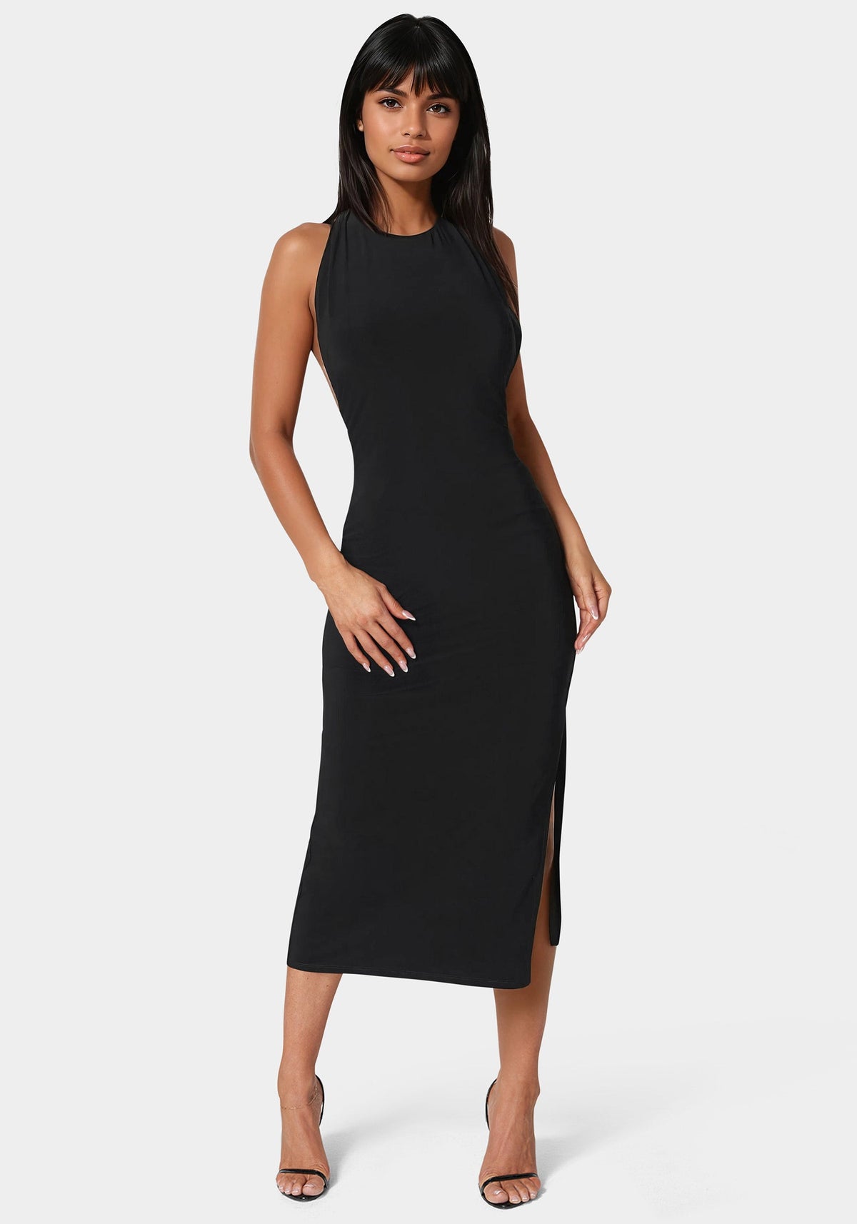 Bebe High-Neck Cowl Slit Maxi Dress