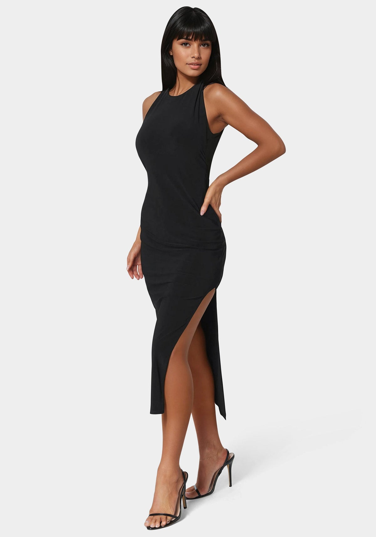 Bebe High-Neck Cowl Slit Maxi Dress