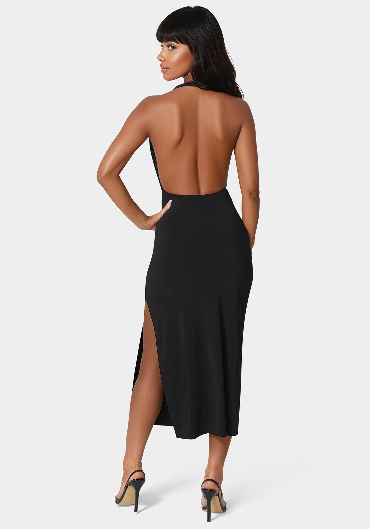 Bebe High-Neck Cowl Slit Maxi Dress