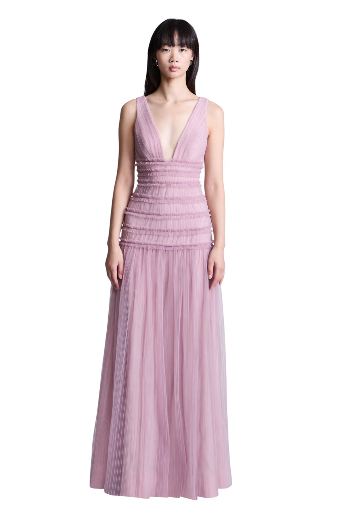 BCBGMAXAZARIA Iris Gown Softly pleated crafted from airy tulle with a fluid weightless feel.