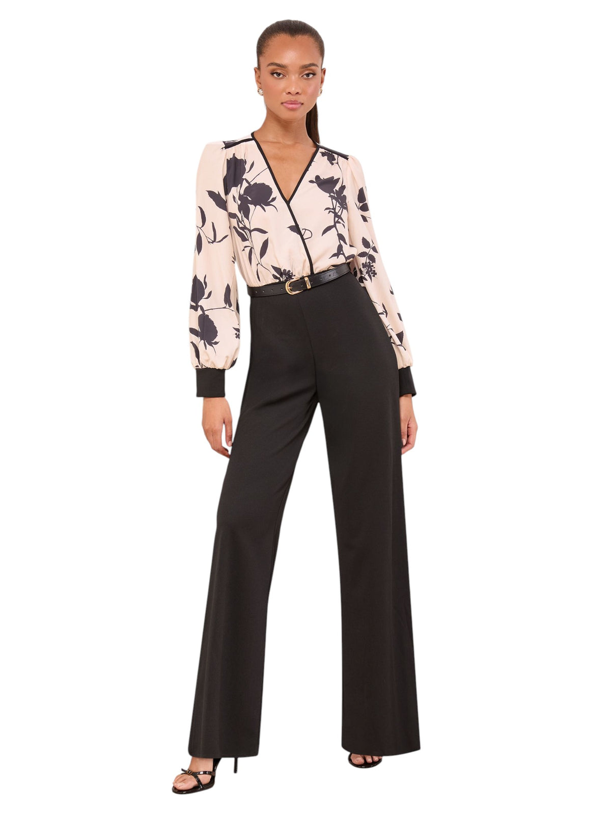 Lipsy Monochrome Floral 2 in 1 Long Sleeve V-Neck Belted Jumpsuit