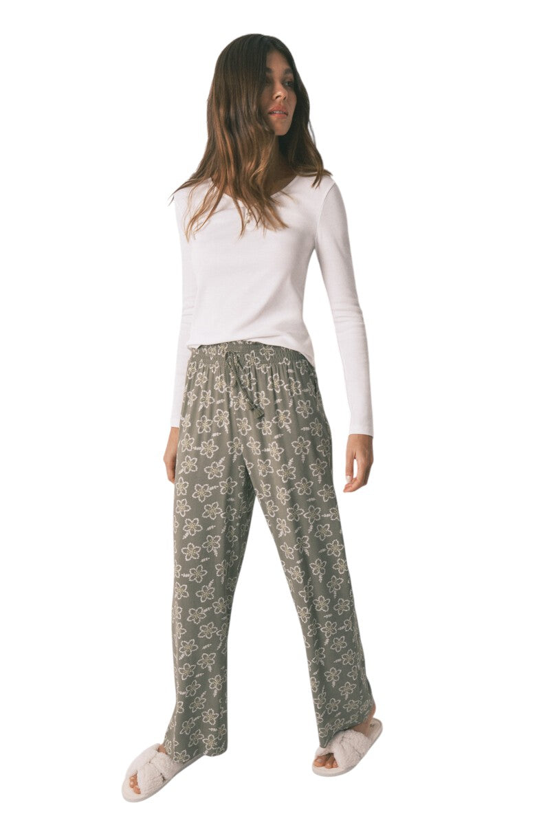 Women Secret Long viscose floral khaki trousers