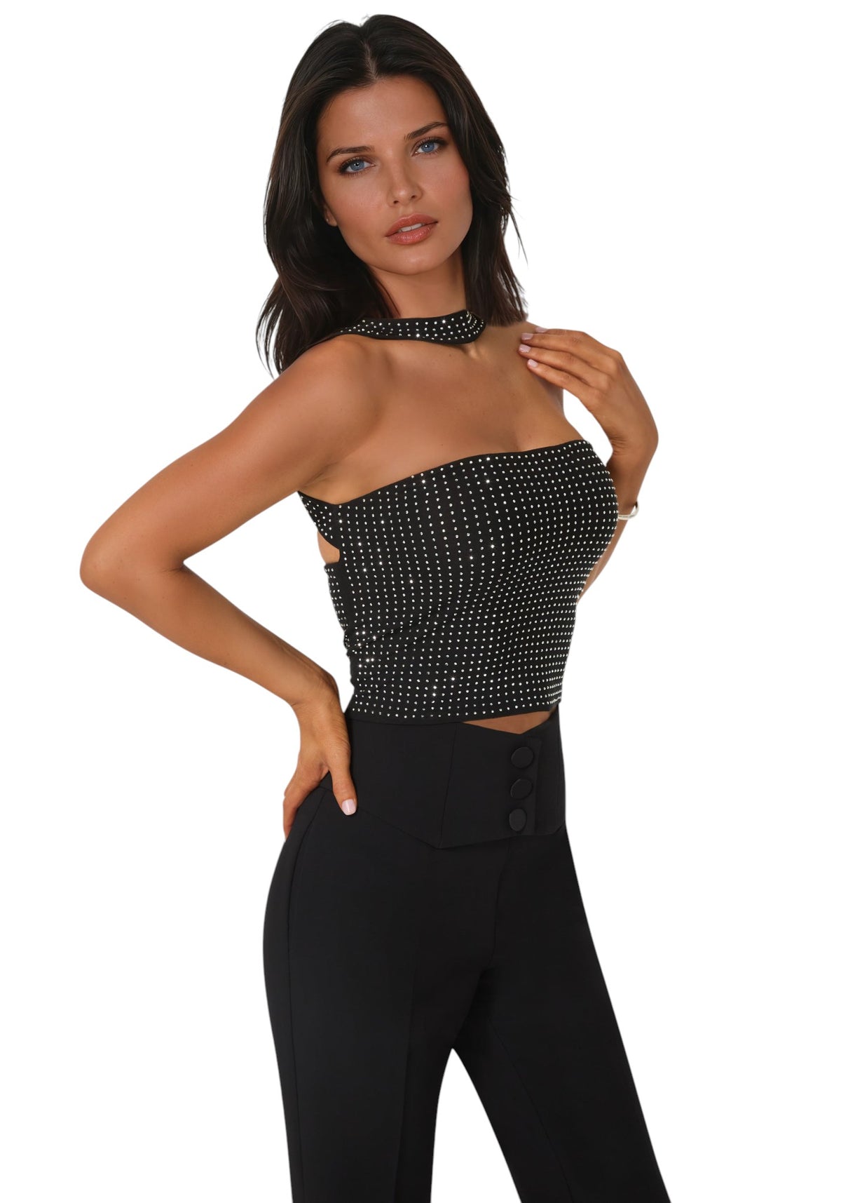 Bebe Rhinestone Mesh Halter Top