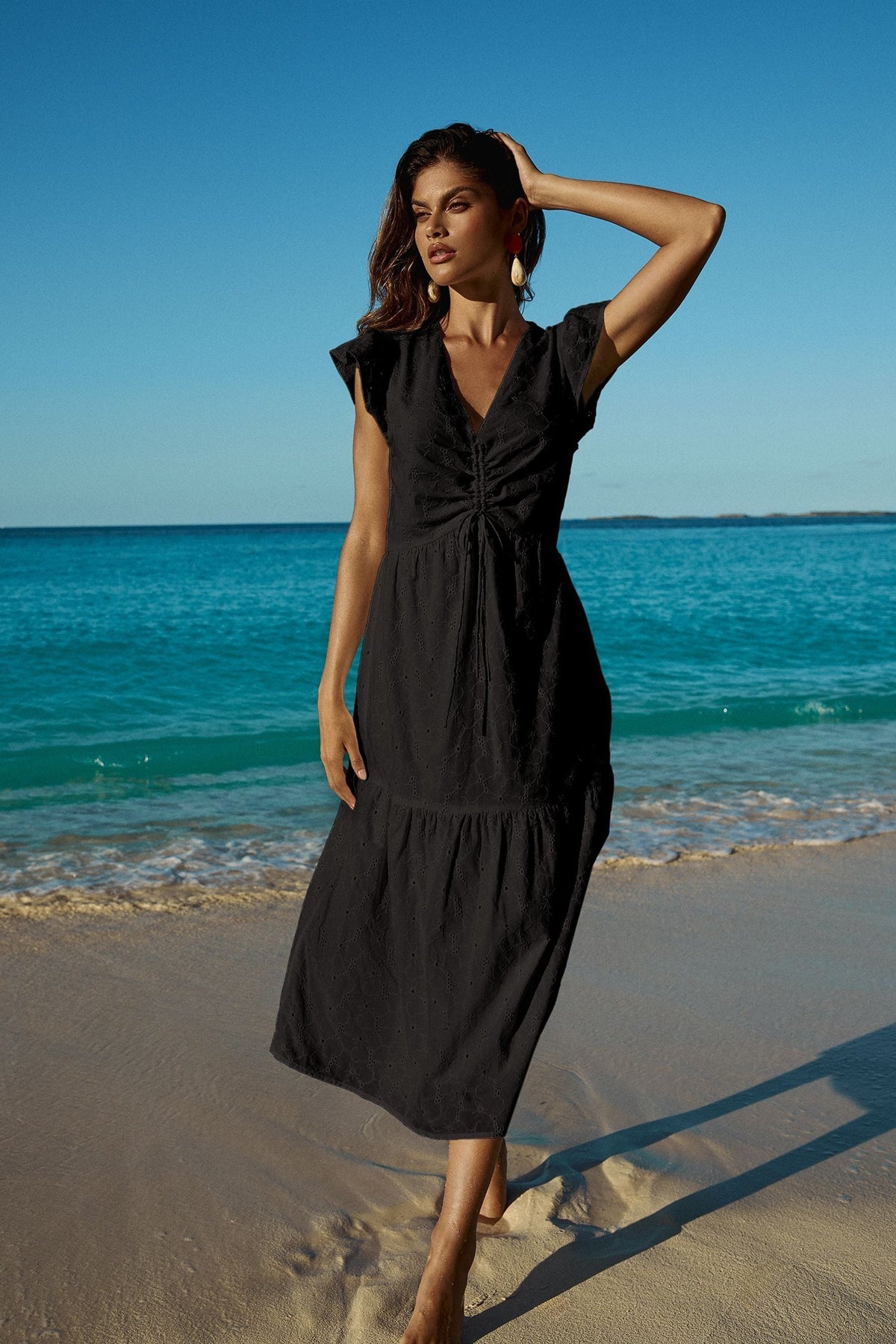 Lipsy London Broderie Ruched Short-Sleeve Midi Dress