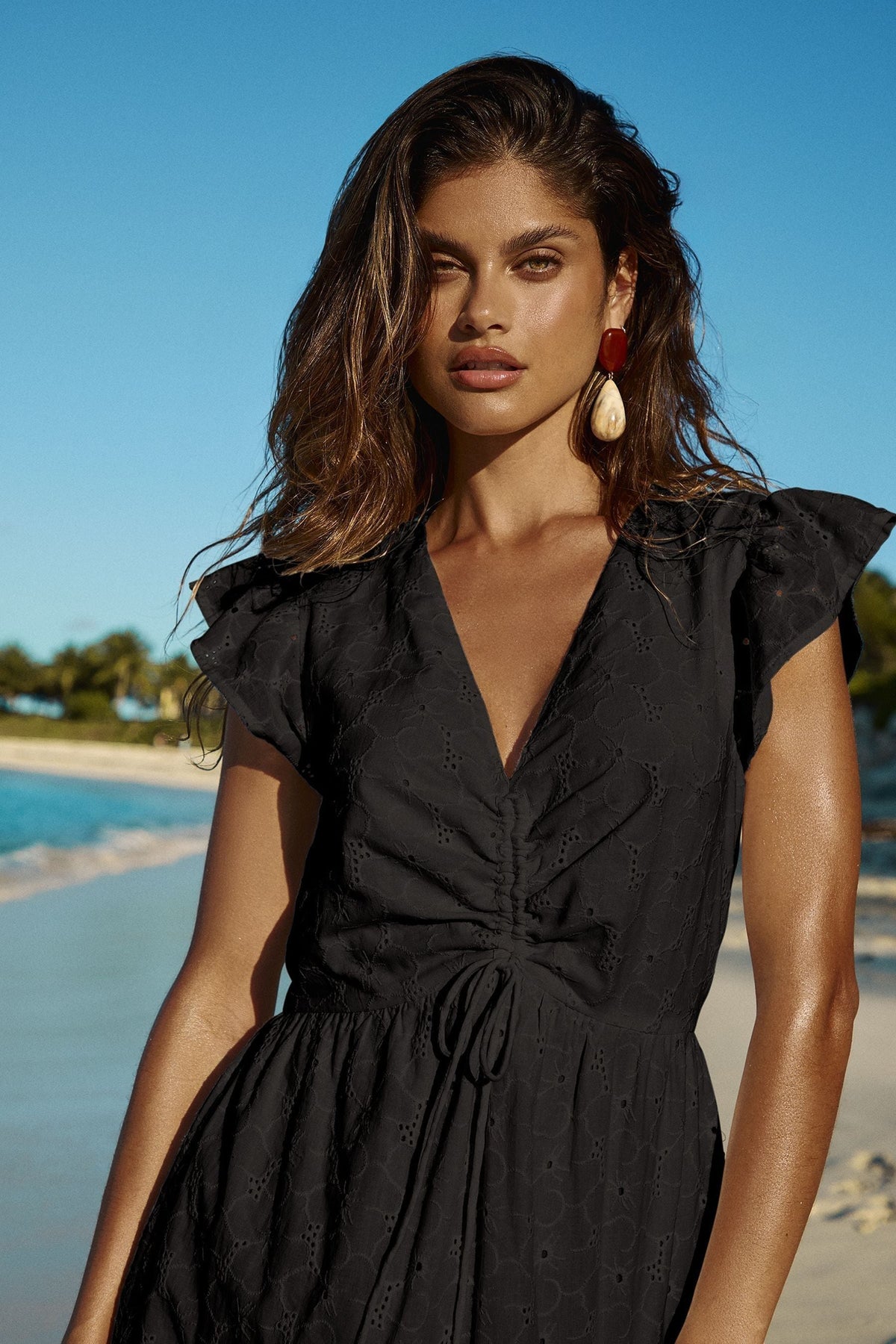 Lipsy London Broderie Ruched Short-Sleeve Midi Dress