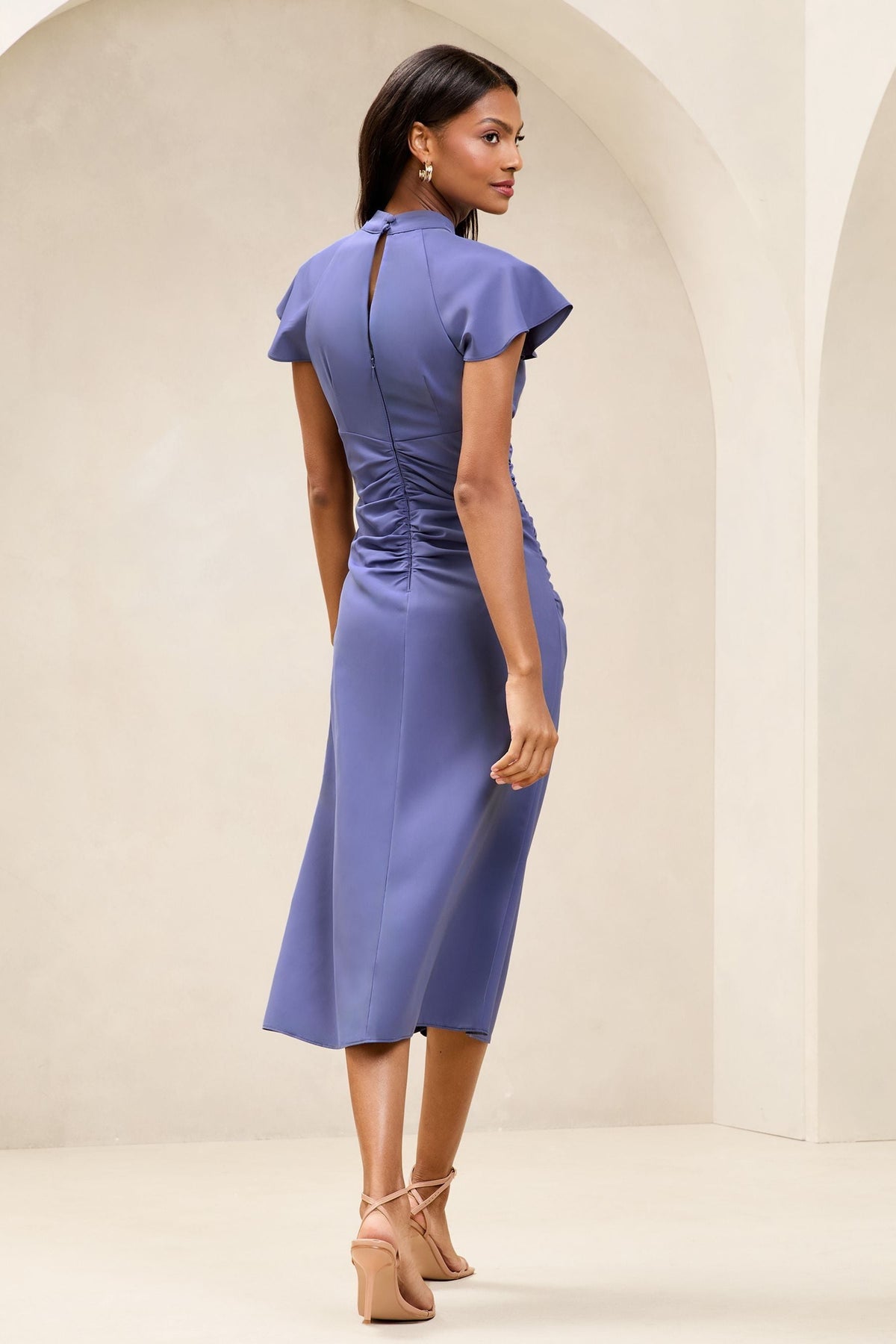 Lipsy London Ruched Keyhole Flutter-Sleeve Midi Dress