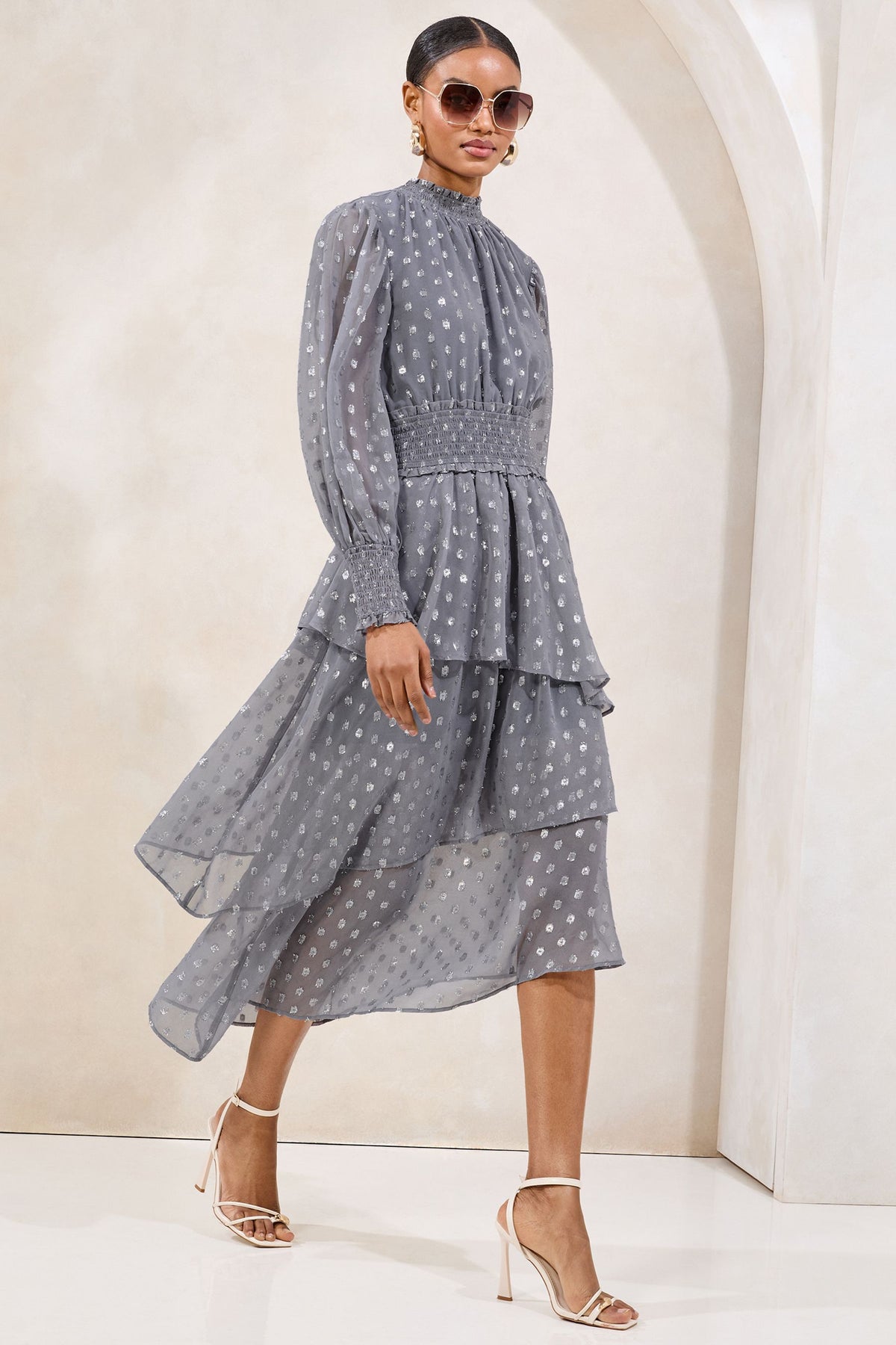 Lipsy London Metallic Spot Asymmetric Ruffle Midi Dress