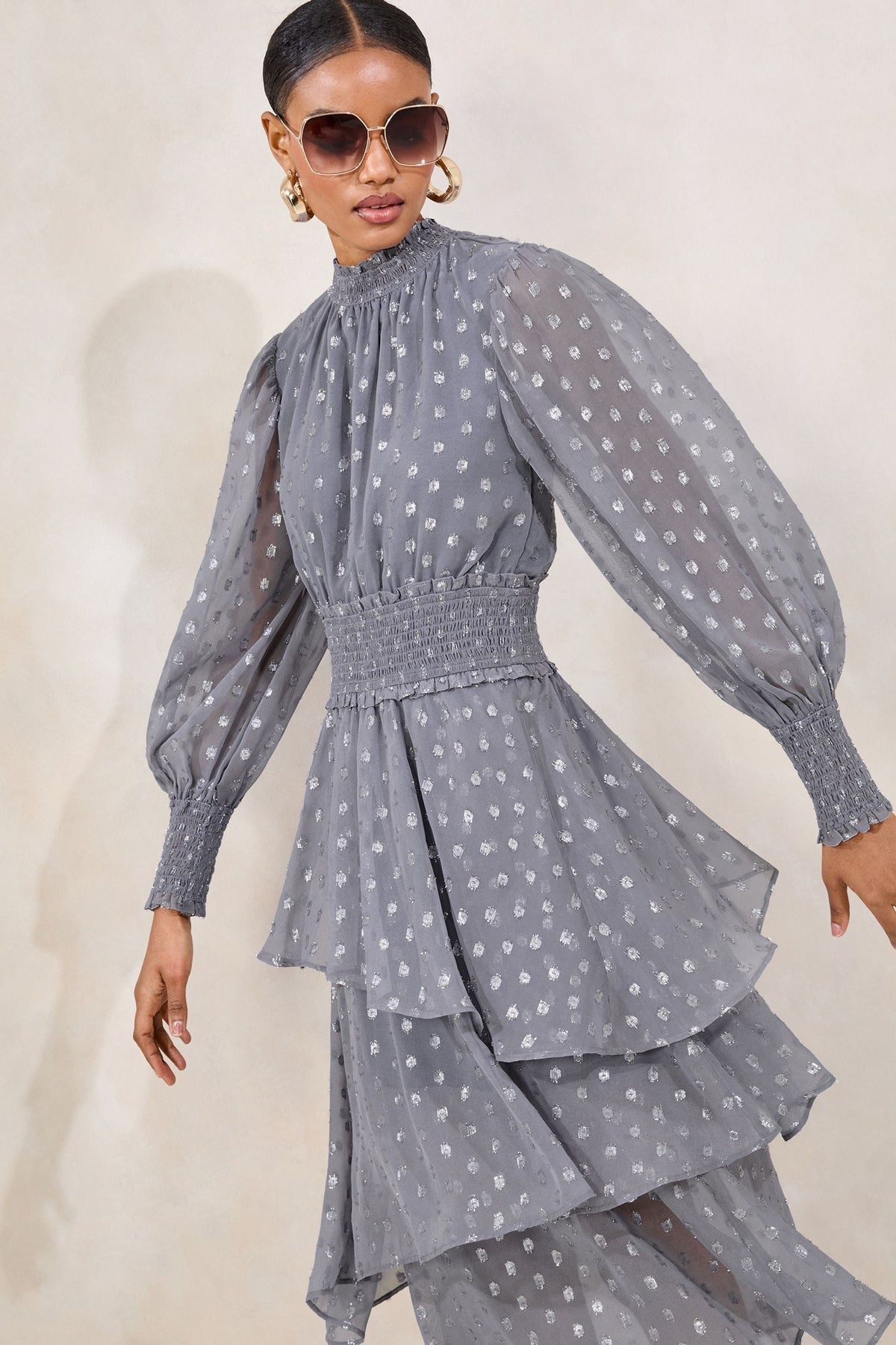 Lipsy London Metallic Spot Asymmetric Ruffle Midi Dress