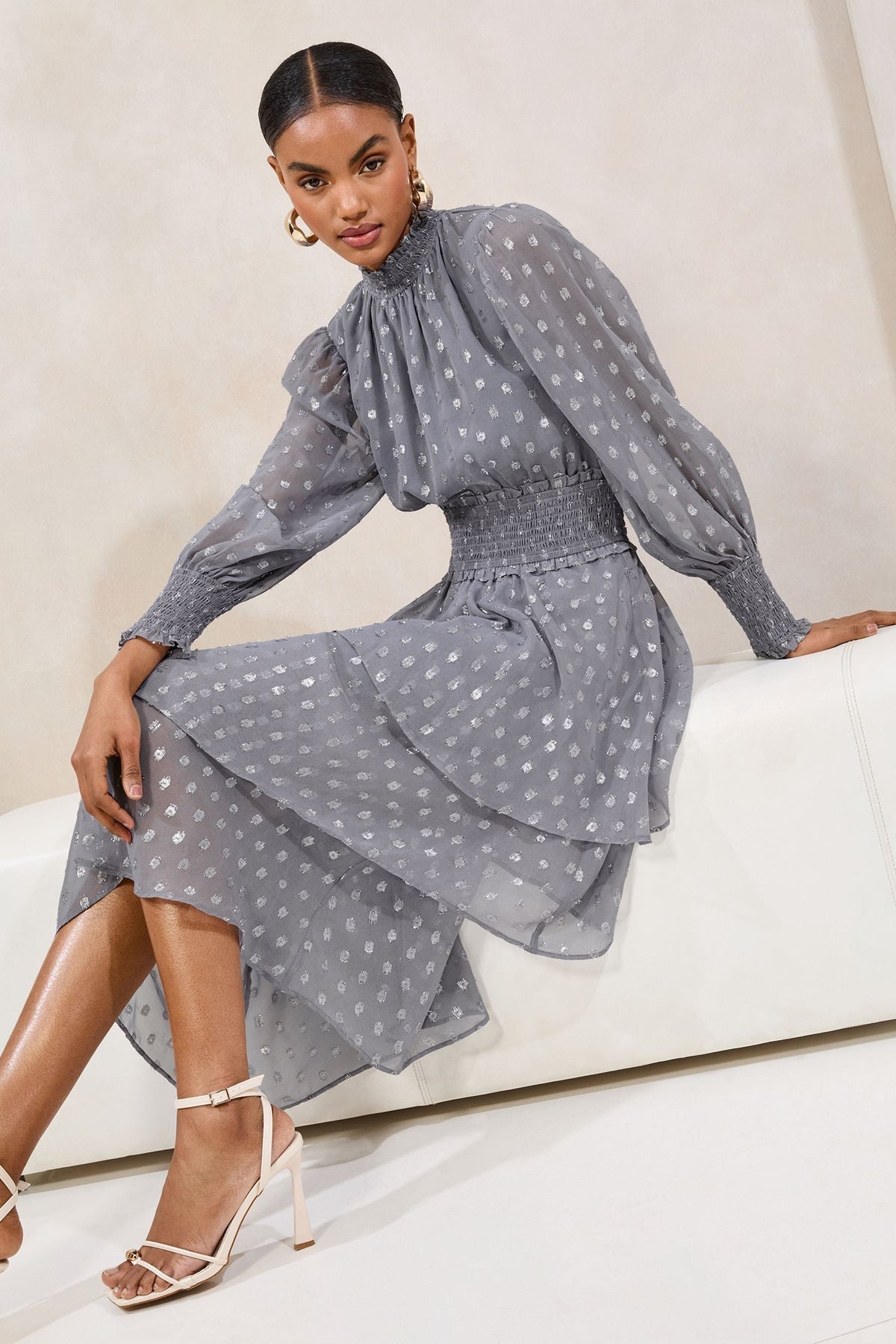 Lipsy London Metallic Spot Asymmetric Ruffle Midi Dress