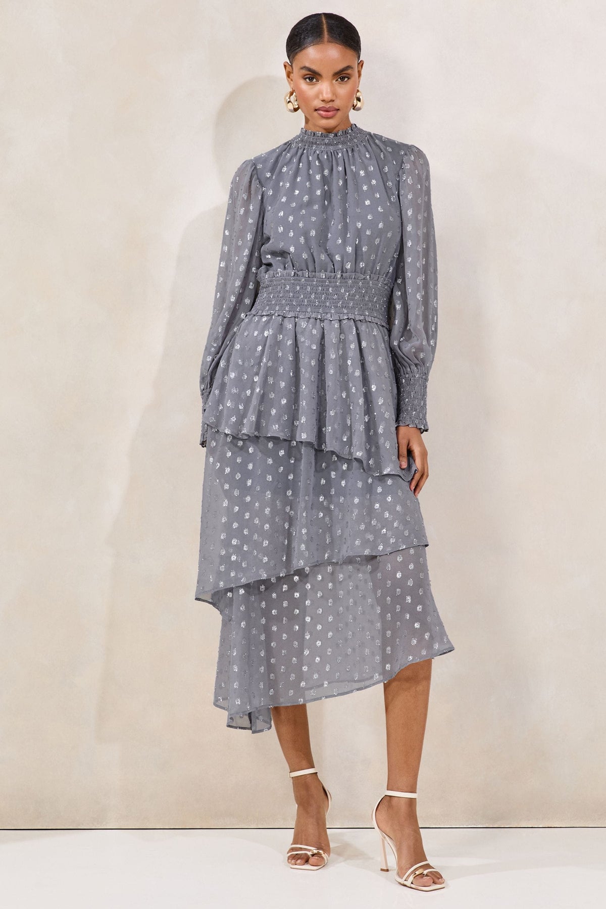Lipsy London Metallic Spot Asymmetric Ruffle Midi Dress