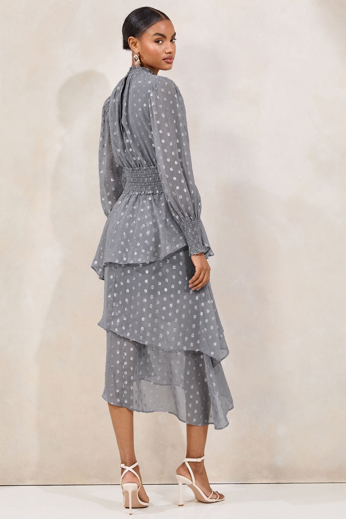 Lipsy London Metallic Spot Asymmetric Ruffle Midi Dress