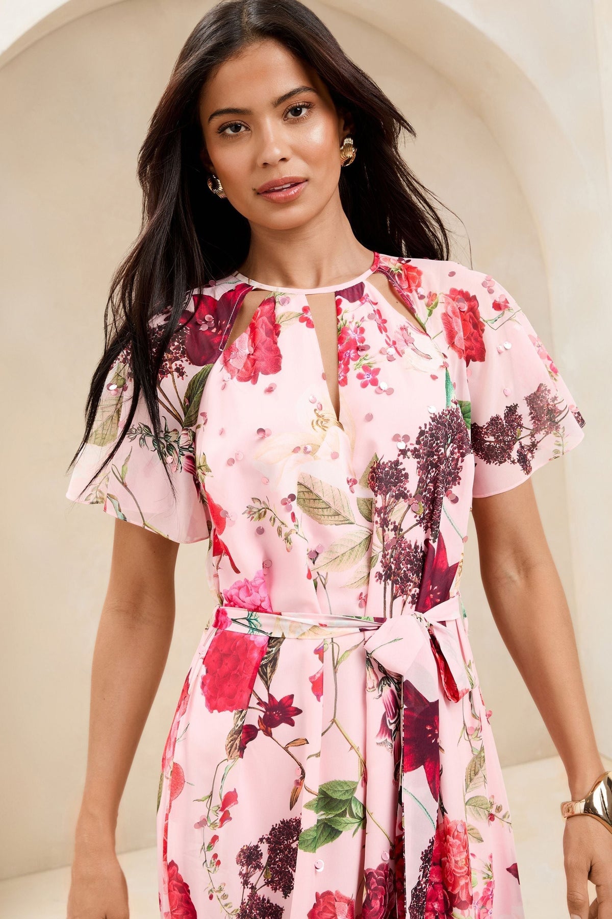 Lipsy London Floral Flutter-Sleeve Maxi Dress