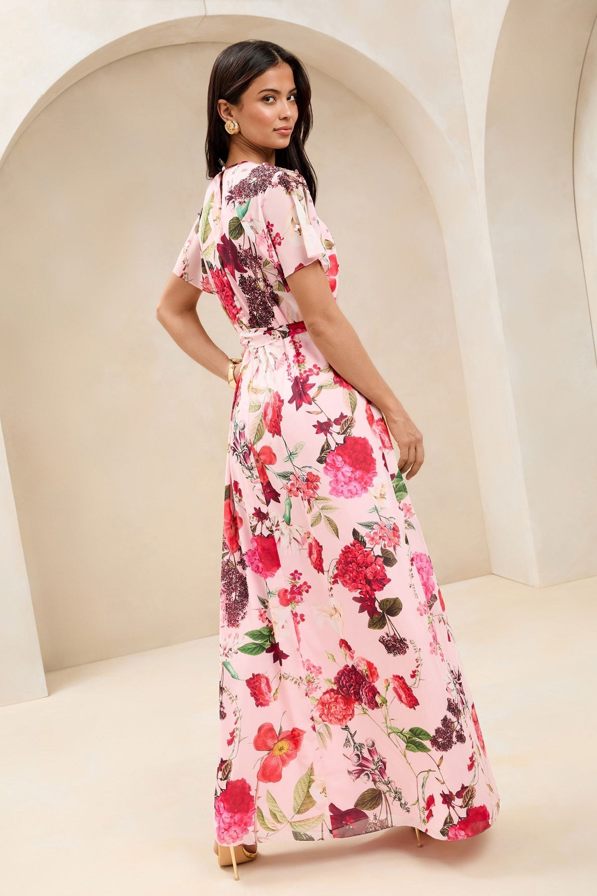 Lipsy London Floral Flutter-Sleeve Maxi Dress