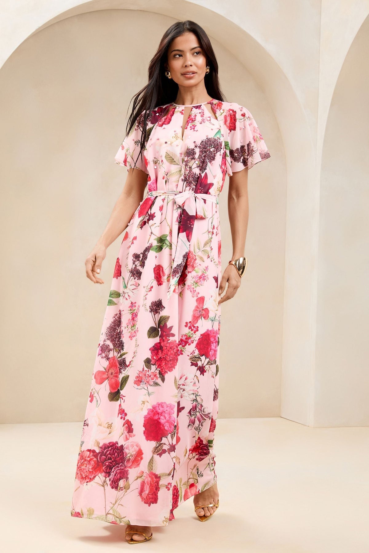 Lipsy London Floral Flutter-Sleeve Maxi Dress