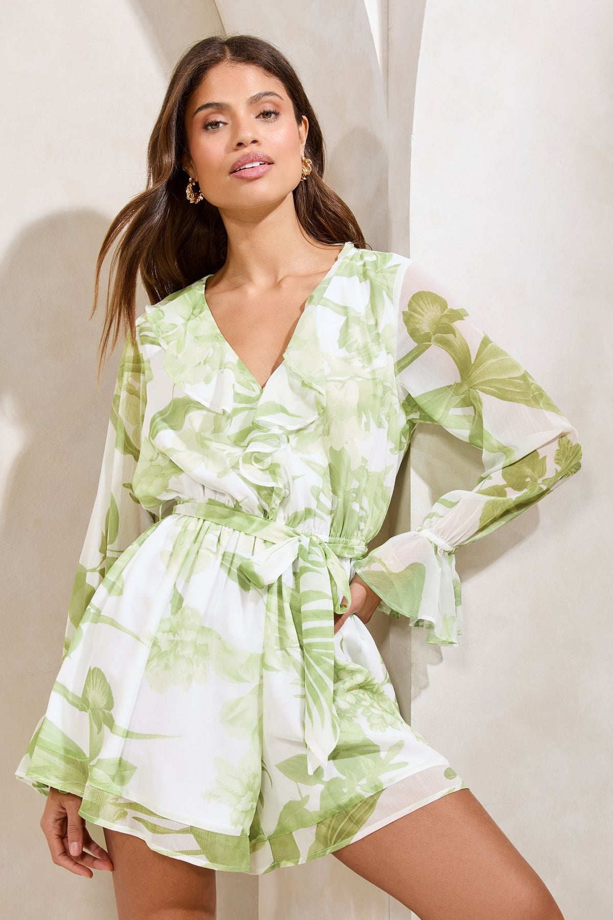 Lipsy London Floral Ruffle Long-Sleeve Playsuit