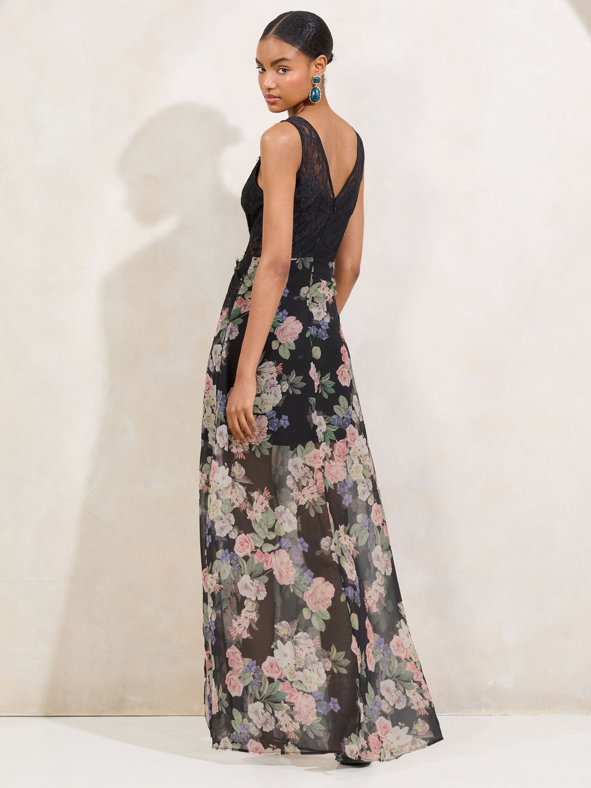 Lipsy Black Floral Printed Lace Mix V-Neck Maxi Dress