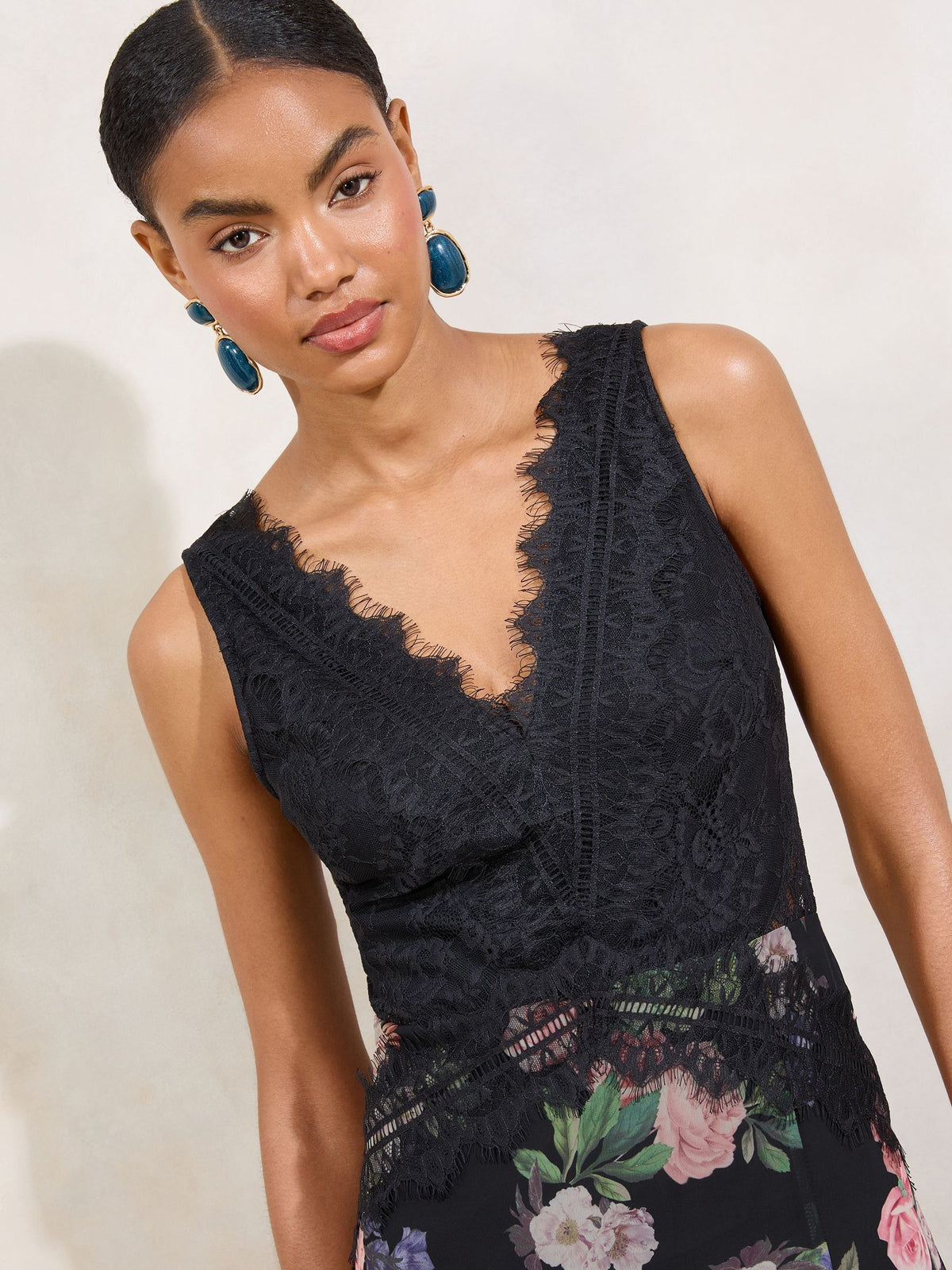 Lipsy Black Floral Printed Lace Mix V-Neck Maxi Dress