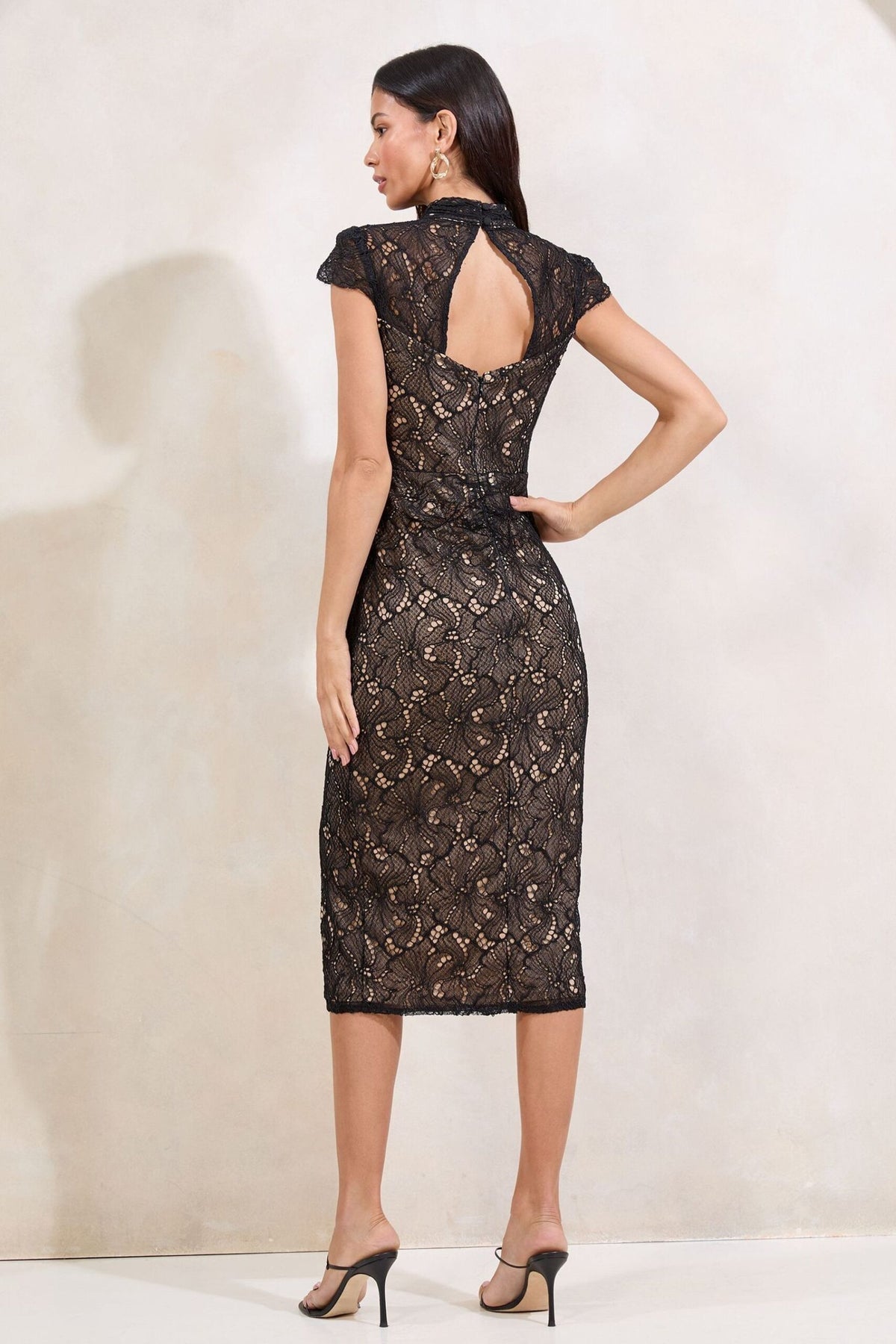 Lipsy London Lipsy Black Lace Short Sleeve Bodycon Midi Dress