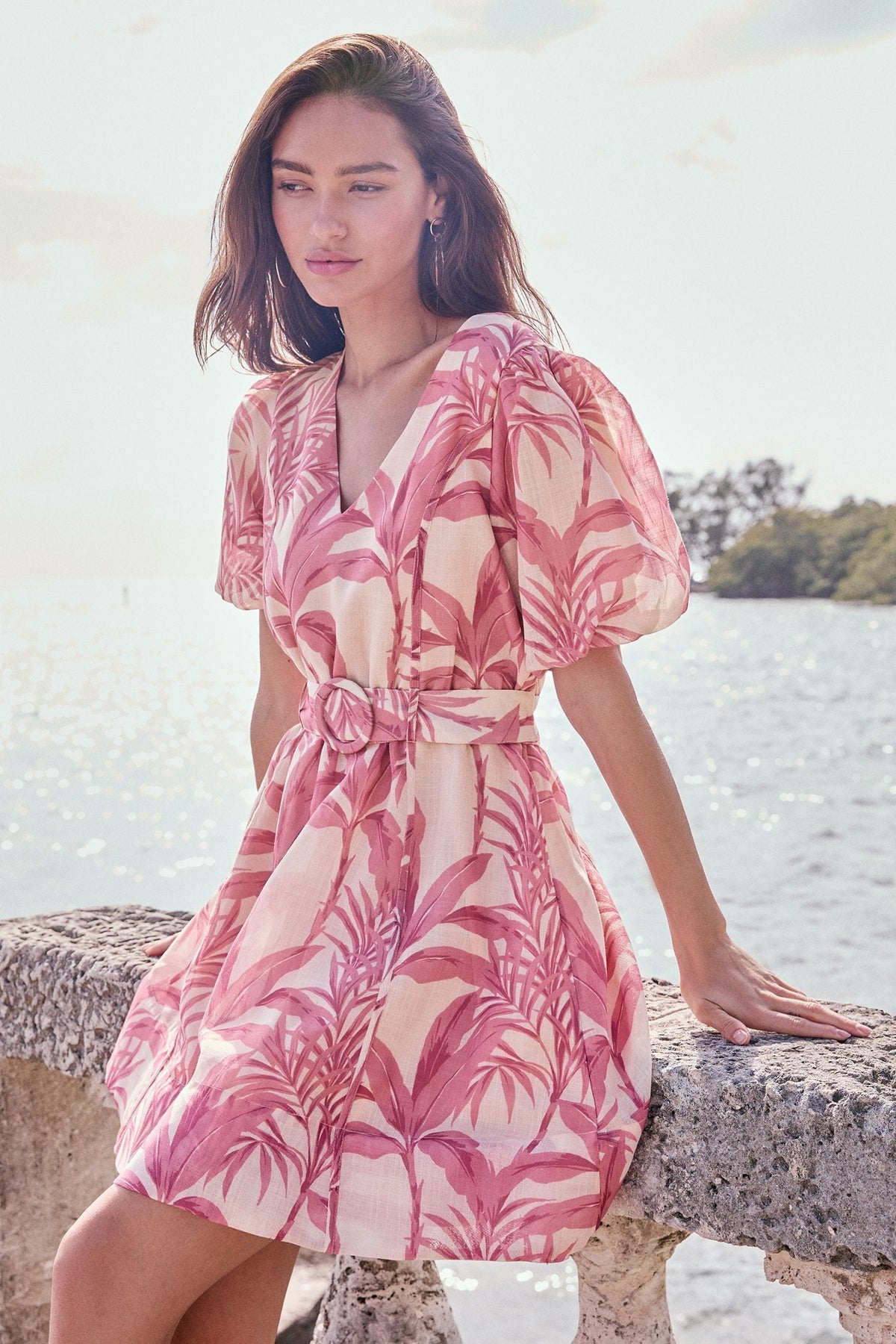 Lipsy London Palm Print Puff-Sleeve Mini Prom Dress