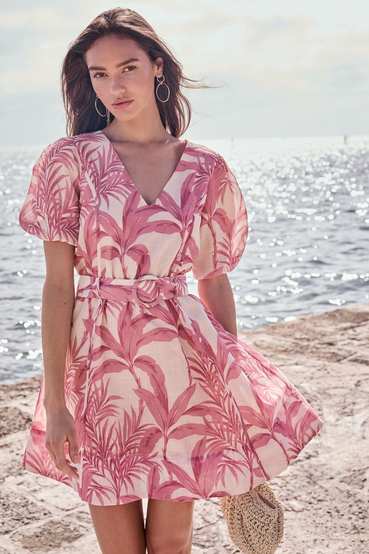 Lipsy London Palm Print Puff-Sleeve Mini Prom Dress