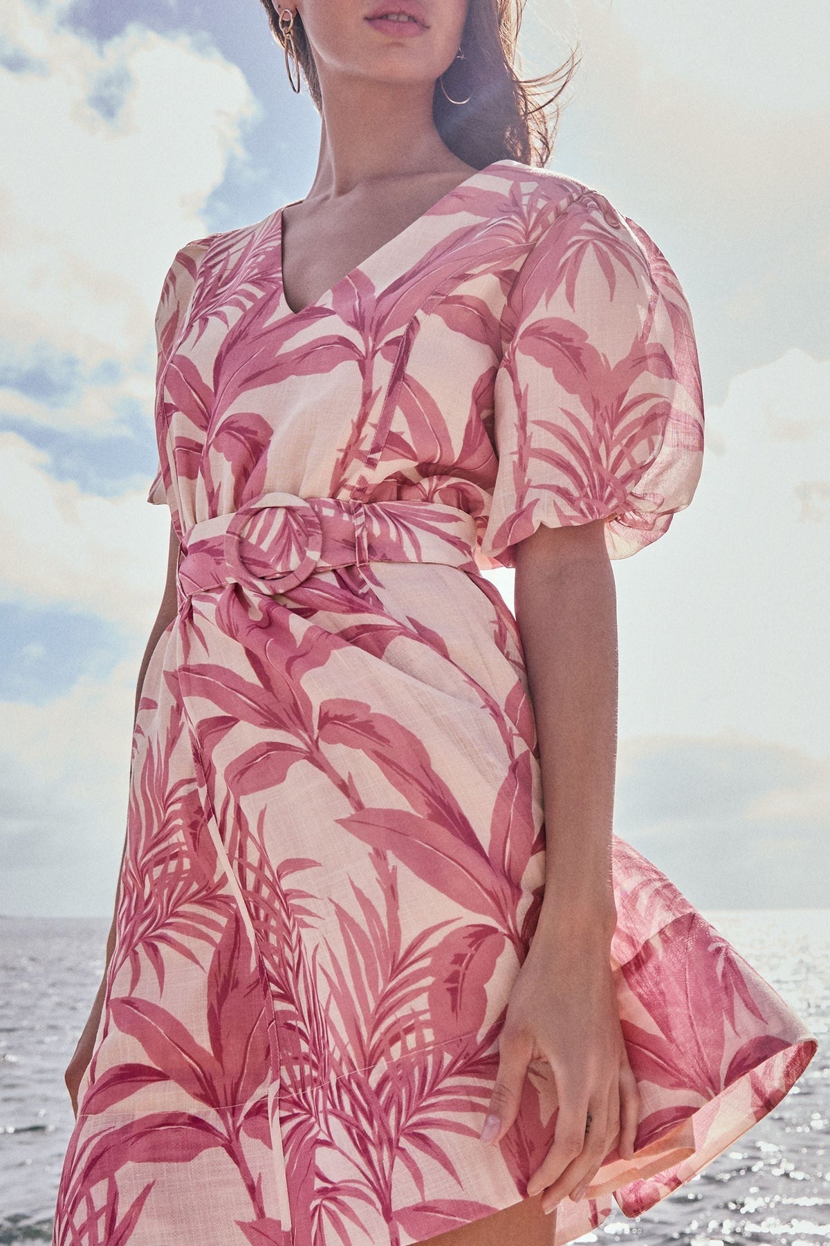 Lipsy London Palm Print Puff-Sleeve Mini Prom Dress