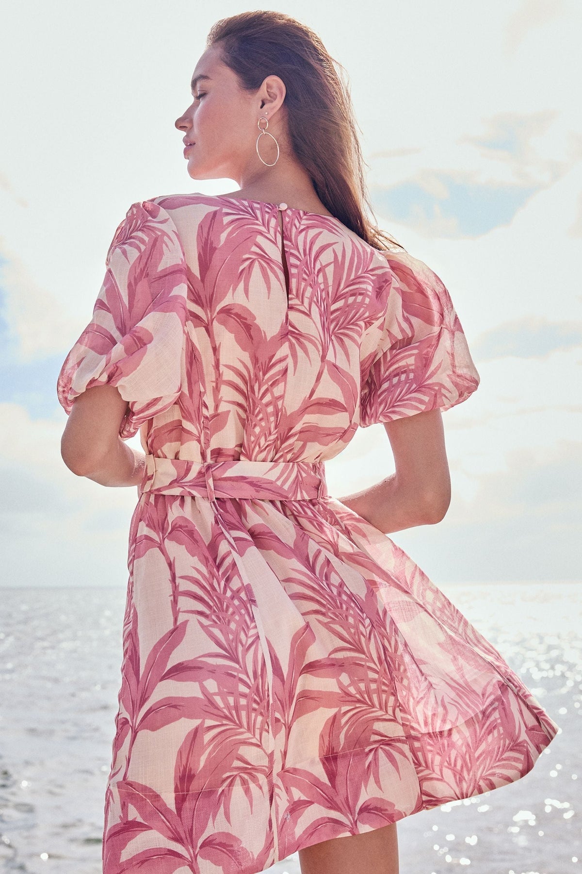 Lipsy London Palm Print Puff-Sleeve Mini Prom Dress