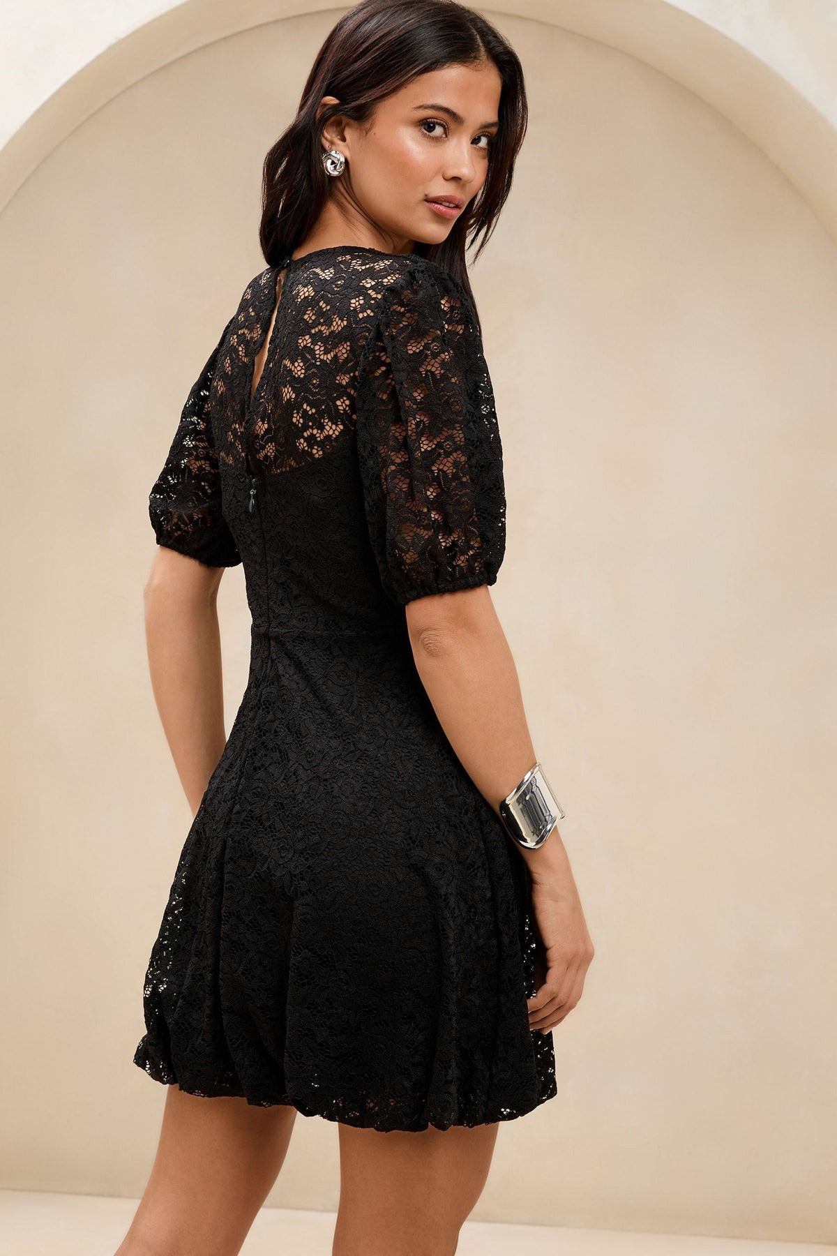 Lipsy London Lace V-Neck Puff-Sleeve Mini Dress