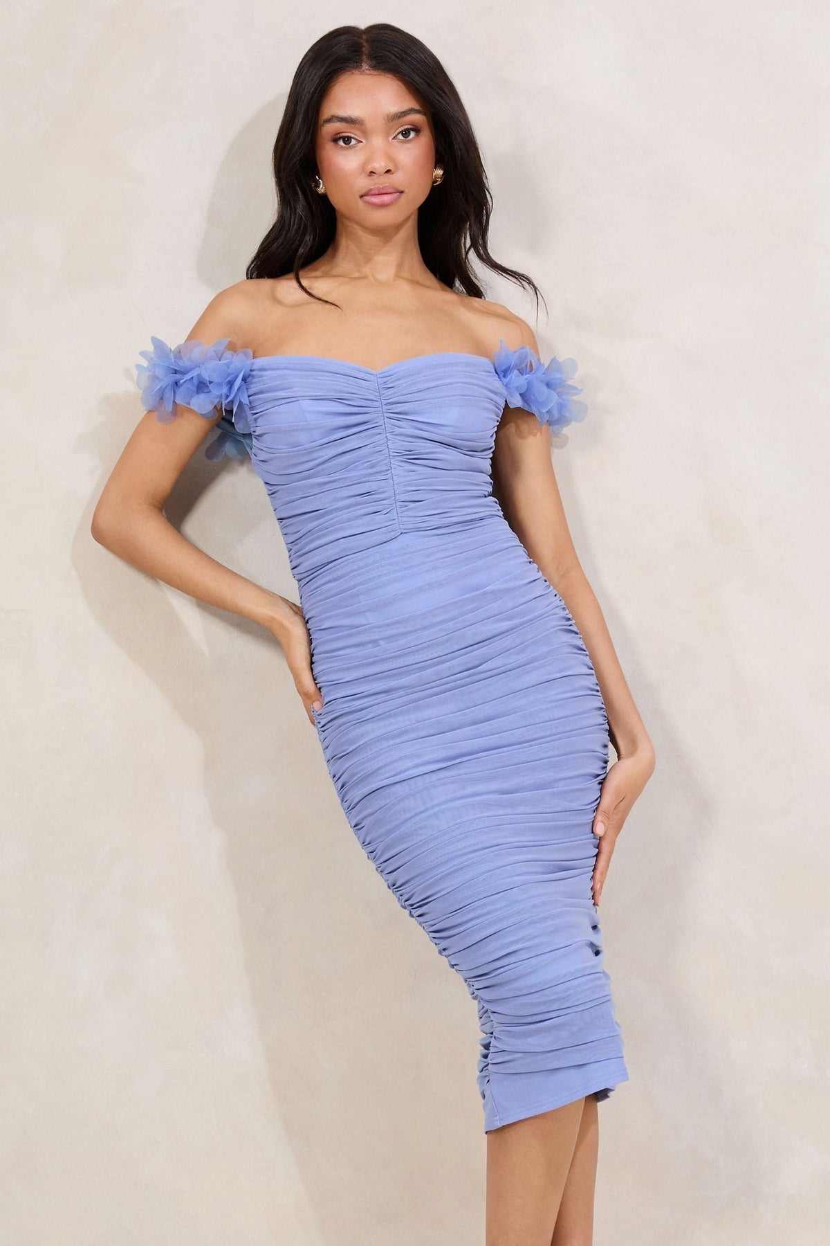 Lipsy London 3D Flower Trim Ruched Mesh Bodycon Dress