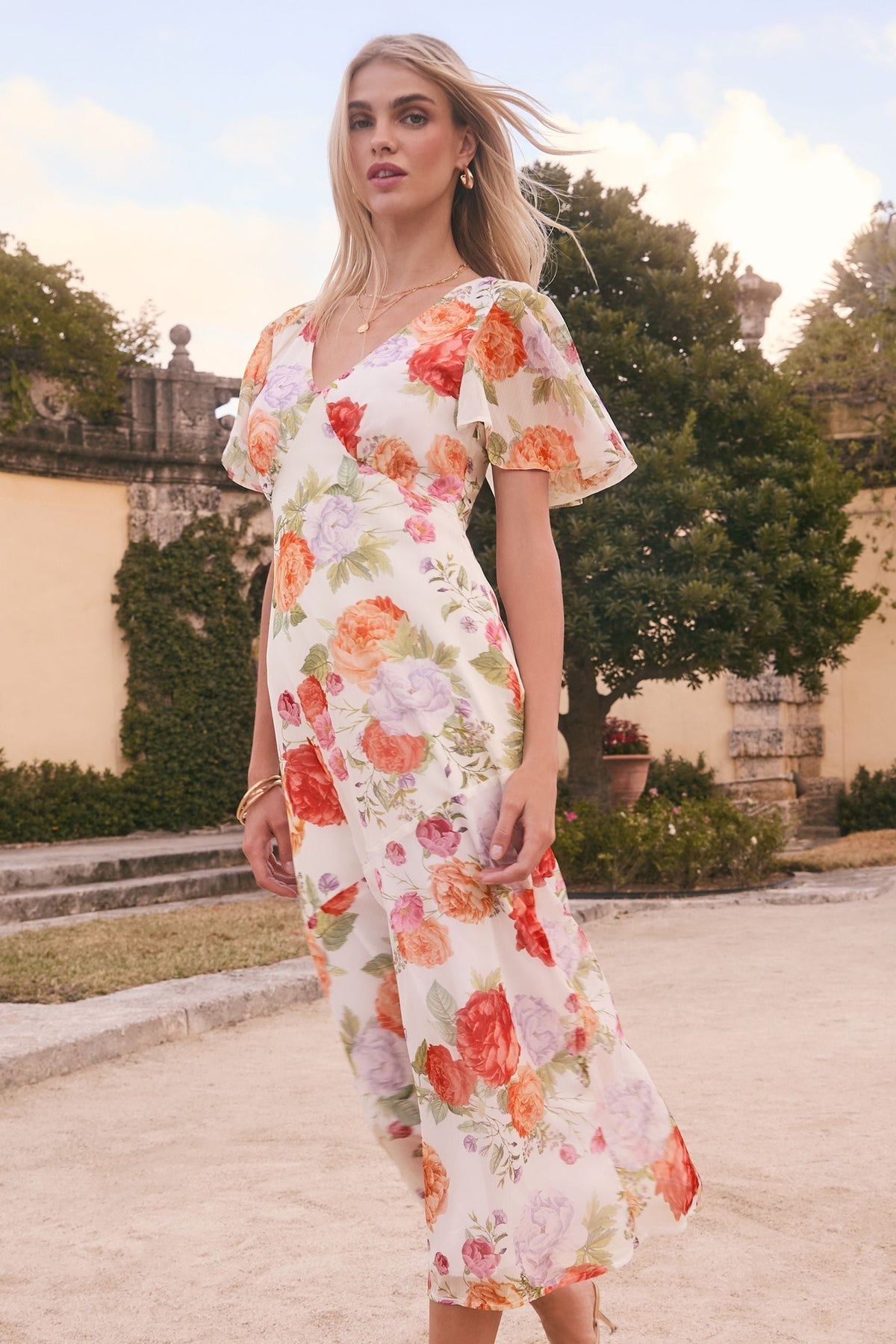 Lipsy London Floral Flutter-Sleeve V-Neck Midi Dress