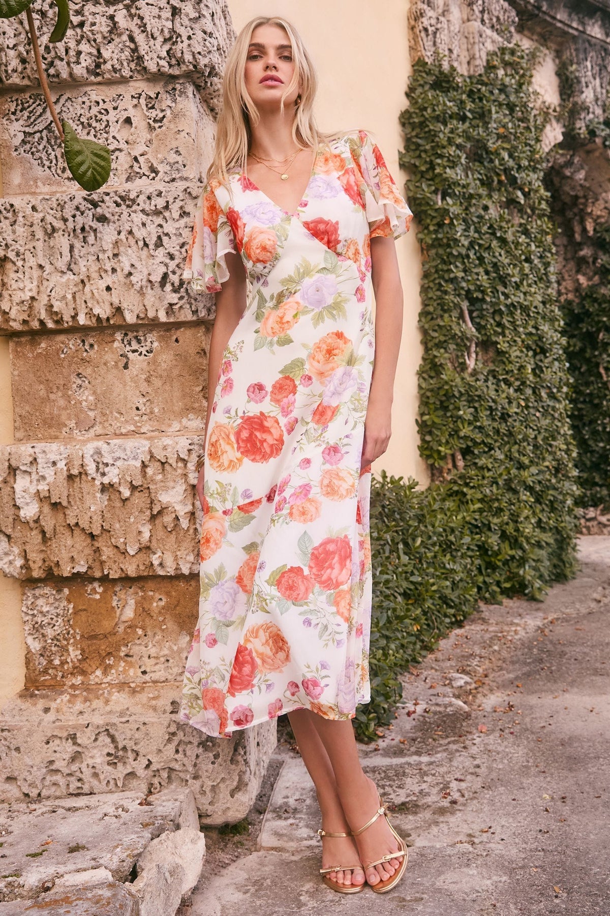 Lipsy London Floral Flutter-Sleeve V-Neck Midi Dress