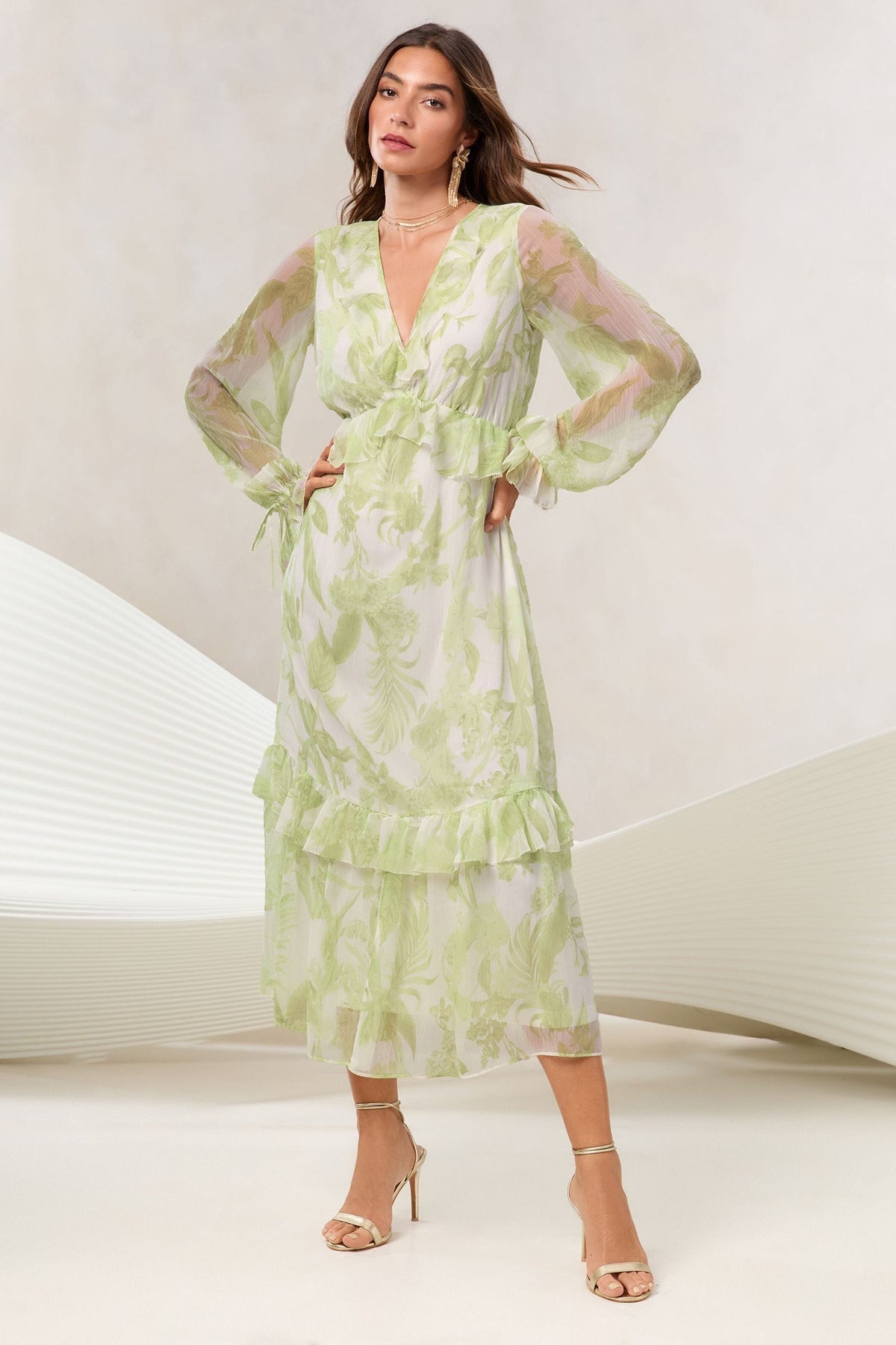 Lipsy London Floral Ruffle Long-Sleeve Midi Dress
