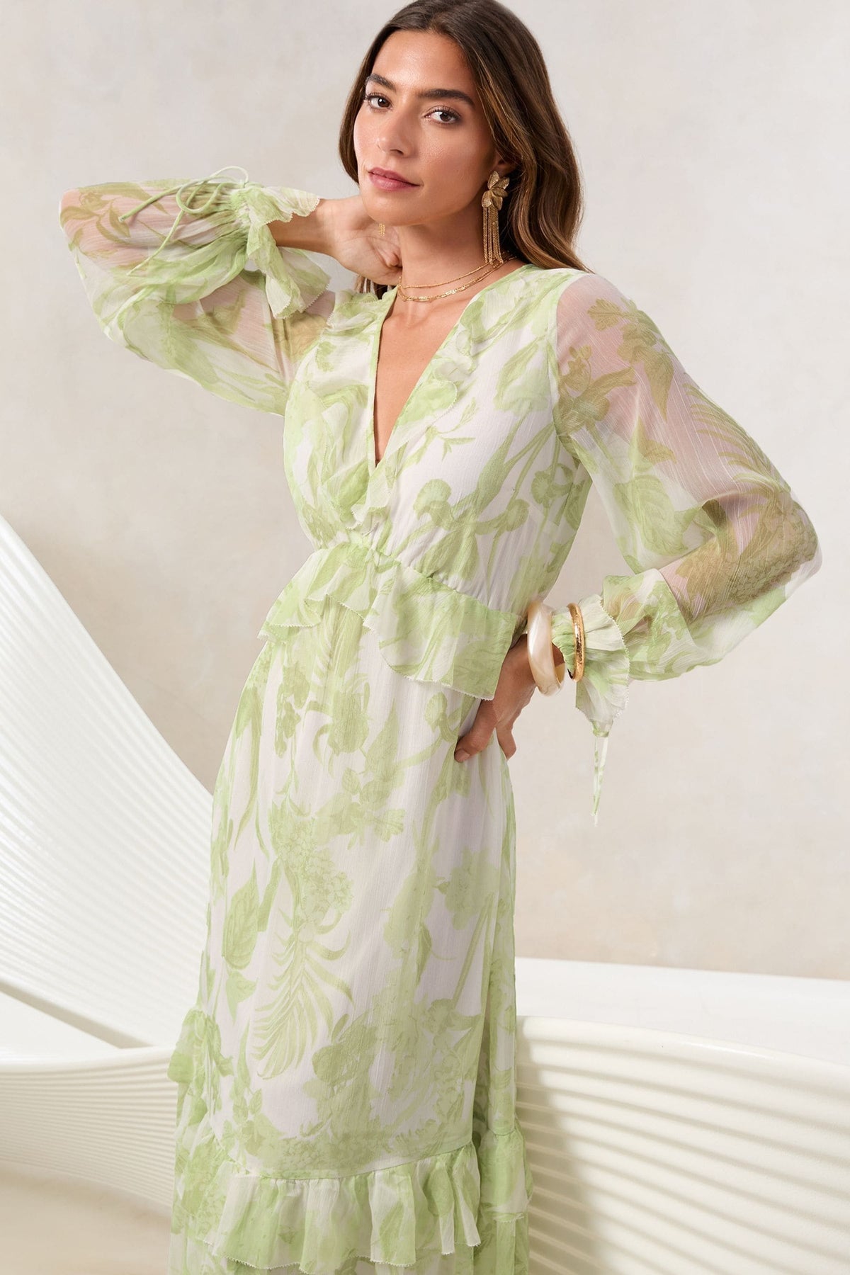 Lipsy London Floral Ruffle Long-Sleeve Midi Dress