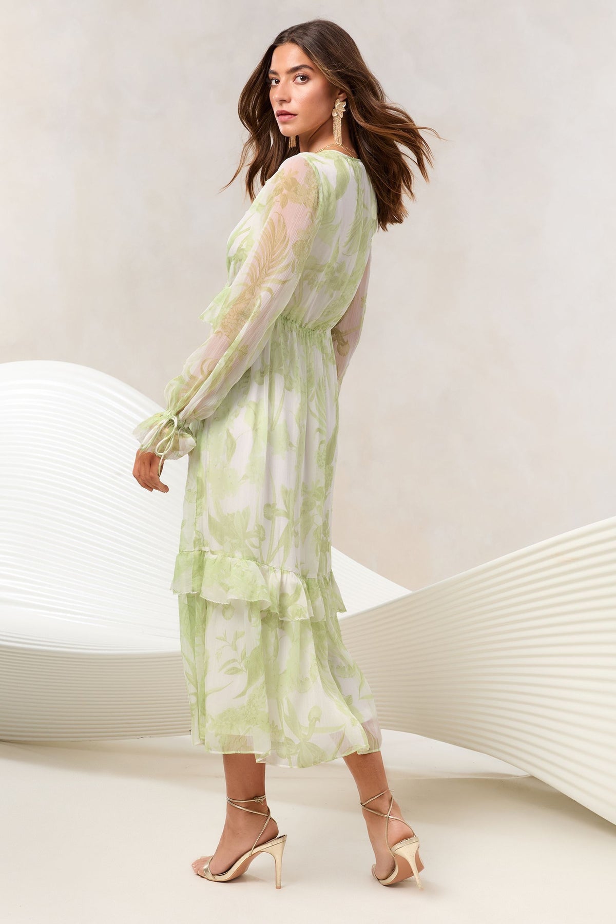 Lipsy London Floral Ruffle Long-Sleeve Midi Dress