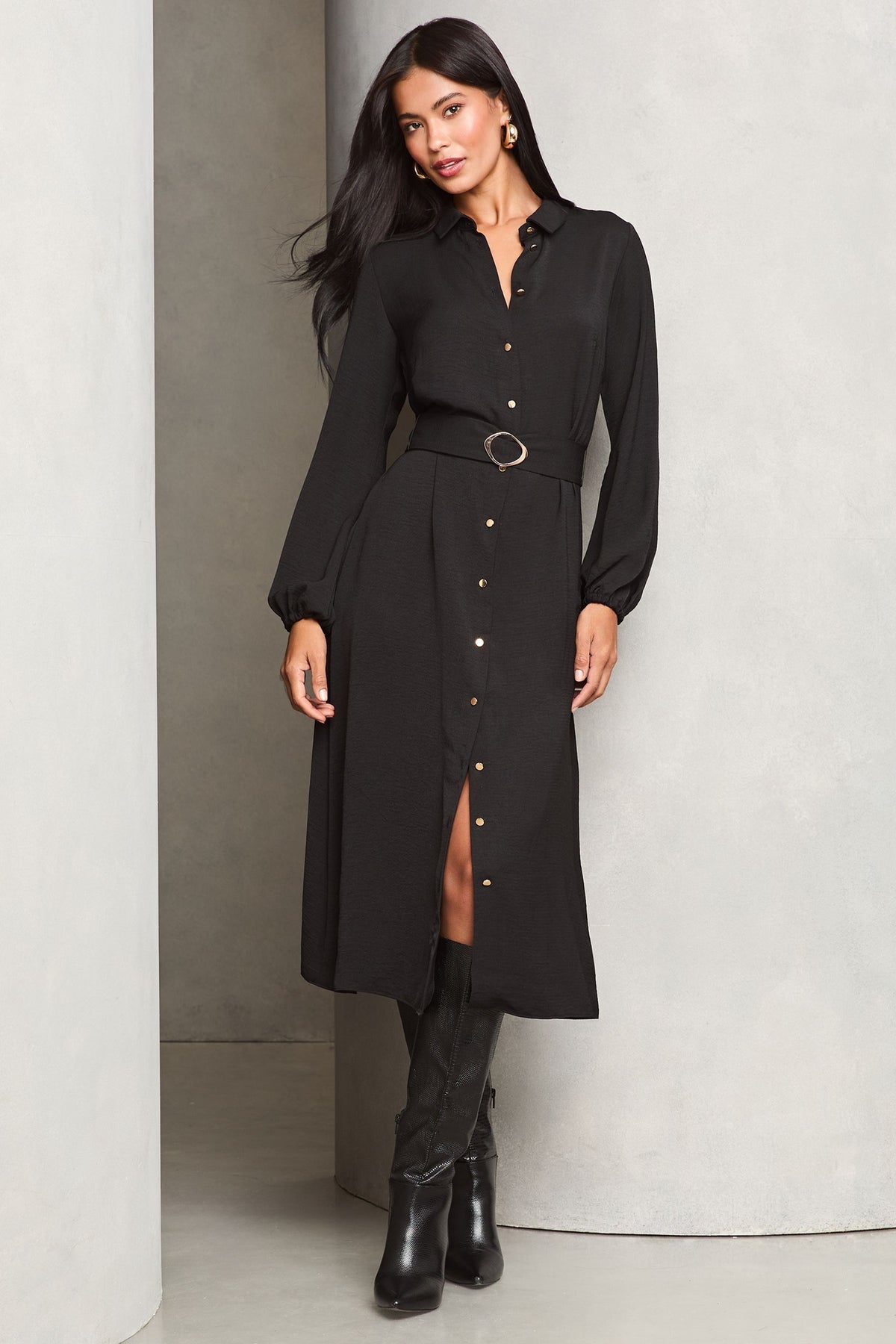 Lipsy London Belted Long-Sleeve Midi Shirt Dress