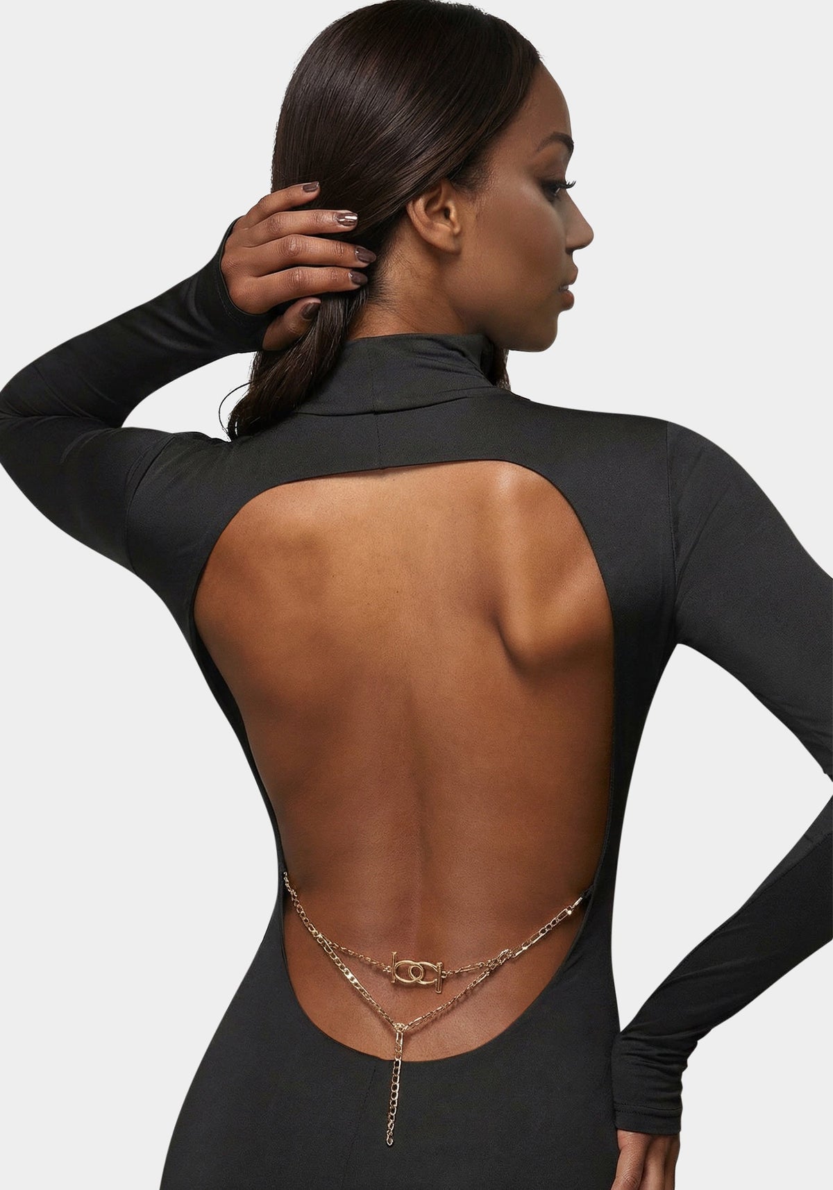 Bebe Open Back Chain Maxi Dress