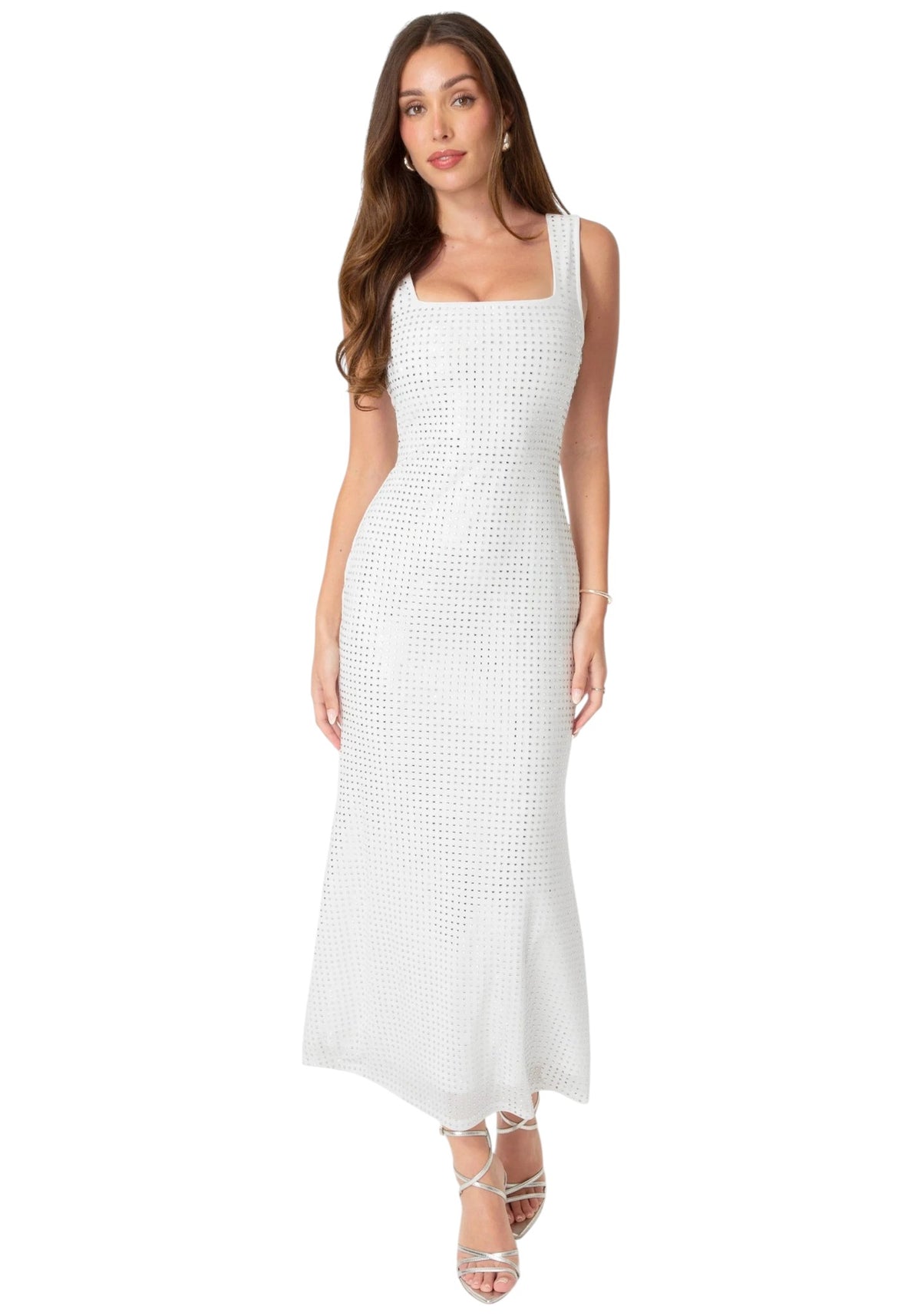 Bebe Square Neck Hotfix Mesh Maxi Dress