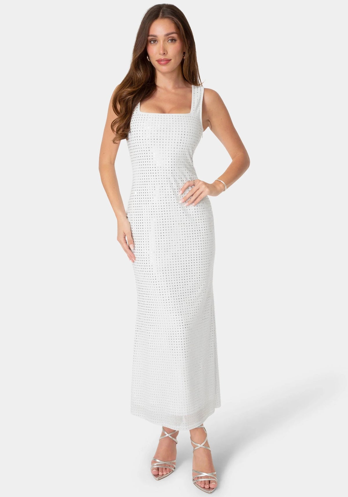 Bebe Square Neck Hotfix Mesh Maxi Dress